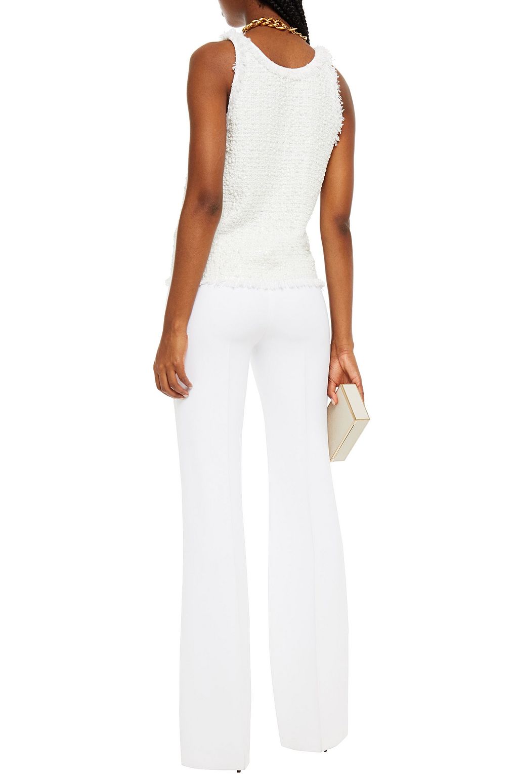 BALMAIN Embellished fringed metallic tweed top