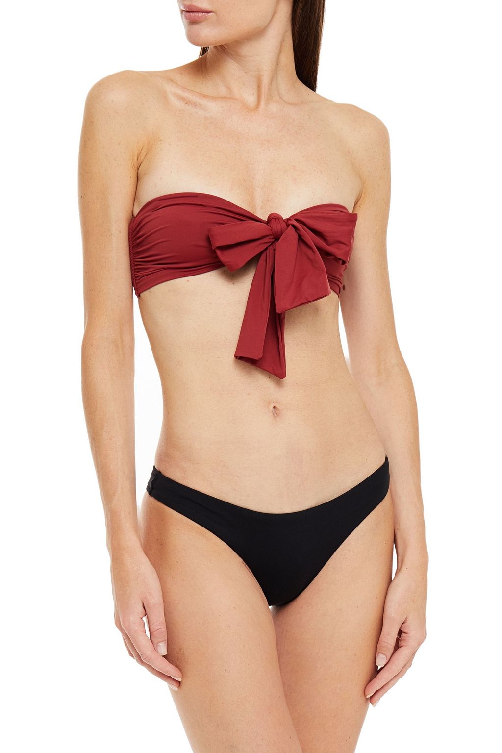 BONDI BORN Bow-detailed ruched bandeau bikini top