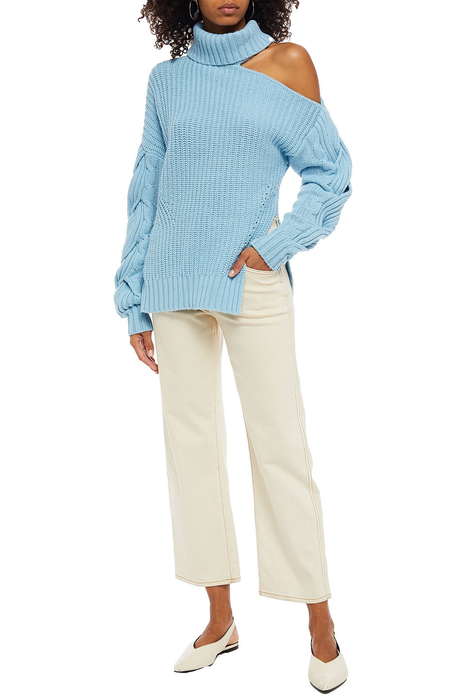 Jonathan Simkhai Cutout Braid-trimmed Ribbed-knit Turtleneck Jumper In Blue