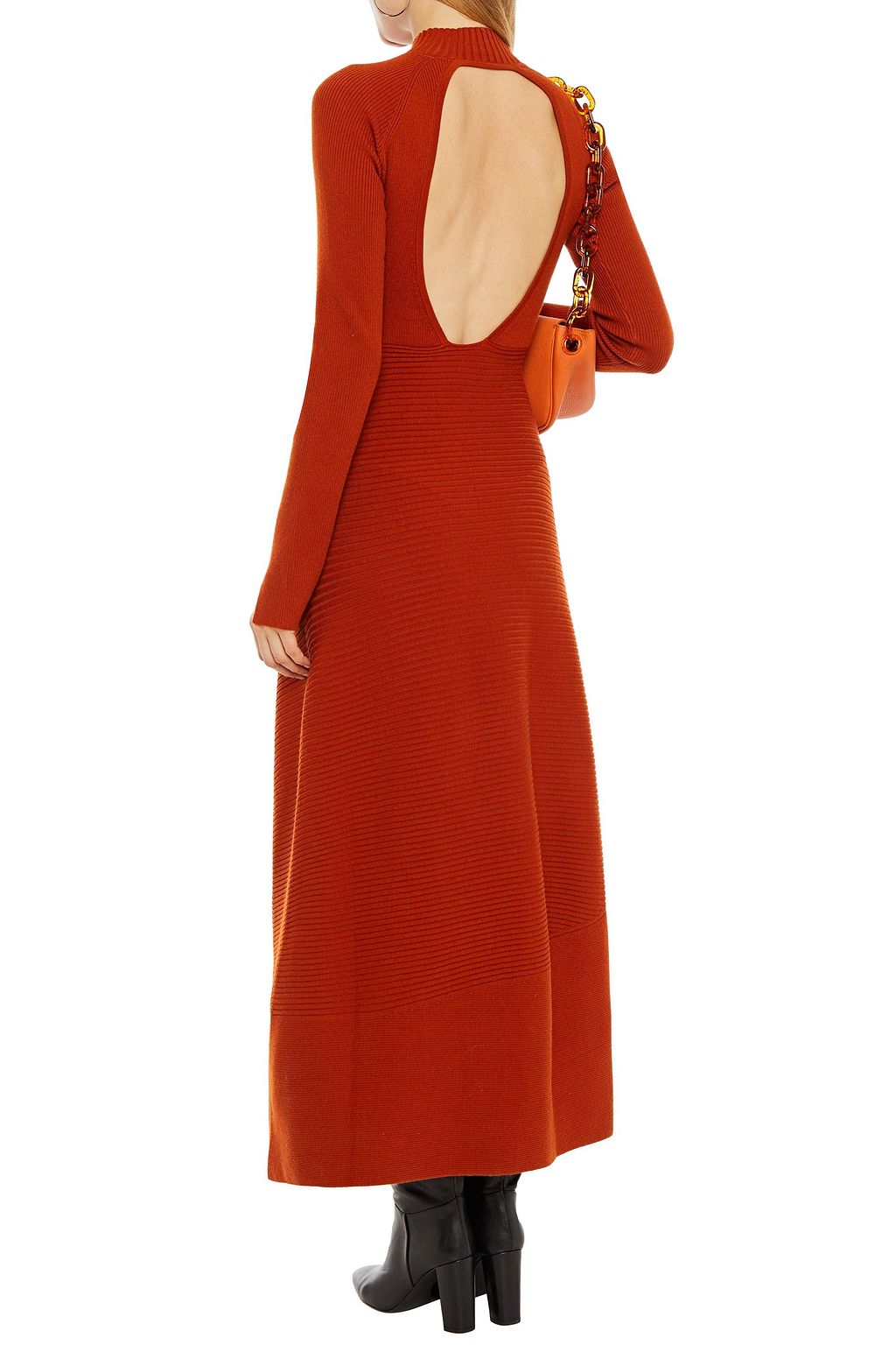 SIMKHAI Asymmetric fringed ribbed-knit midi dress