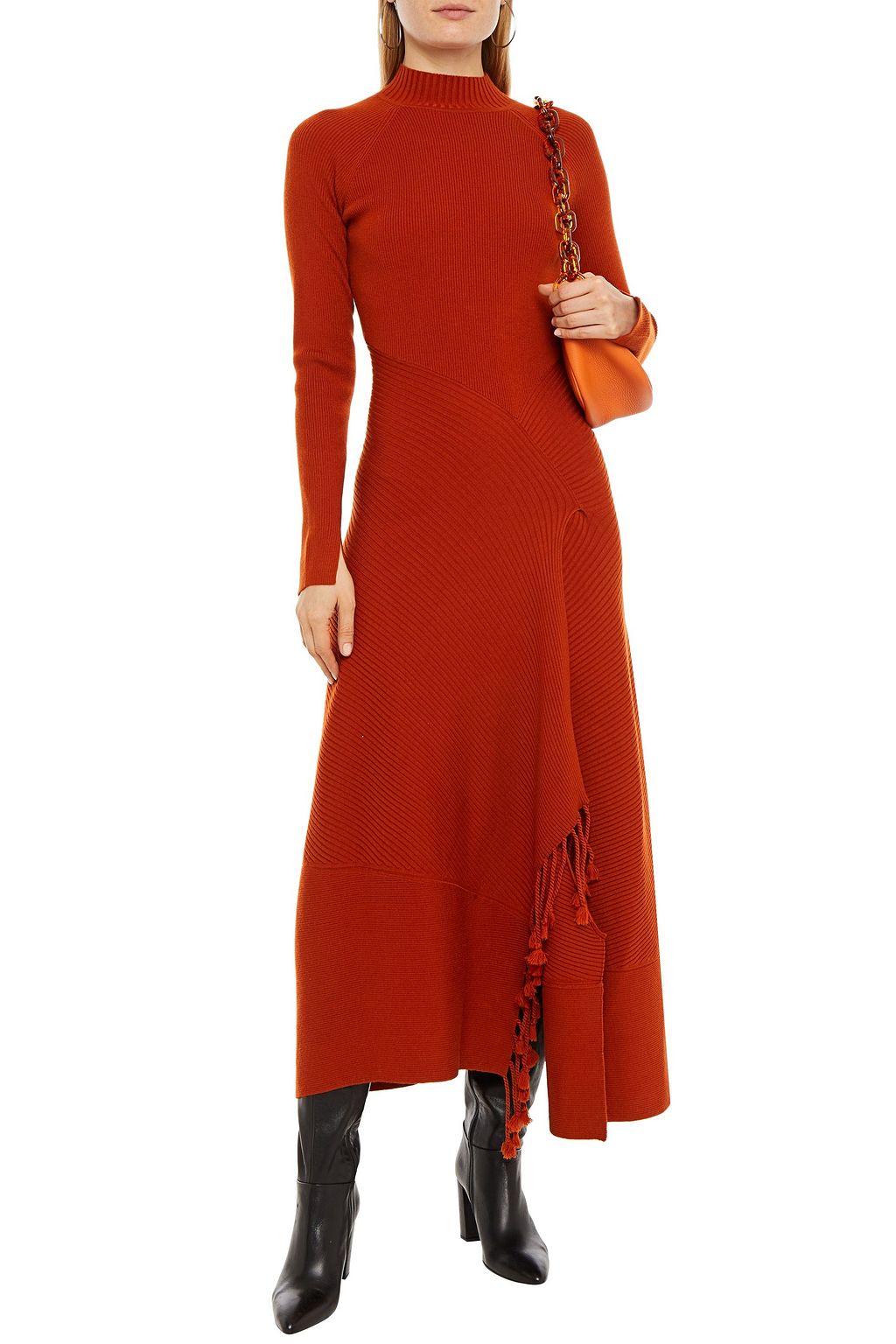 SIMKHAI Asymmetric fringed ribbed-knit midi dress