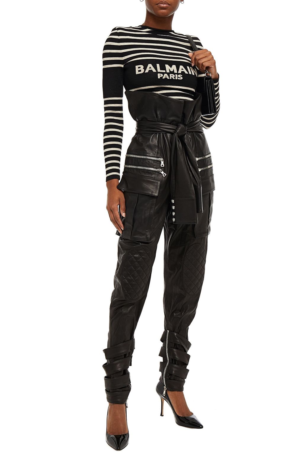BALMAIN Karottenhose aus Leder mit Raffung und Reißverschlussdetails