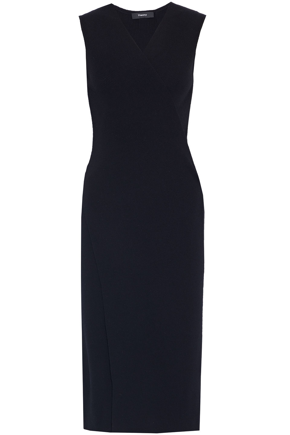 theory - wrap-effect ribbed merino wool-blend midi dress - black - s