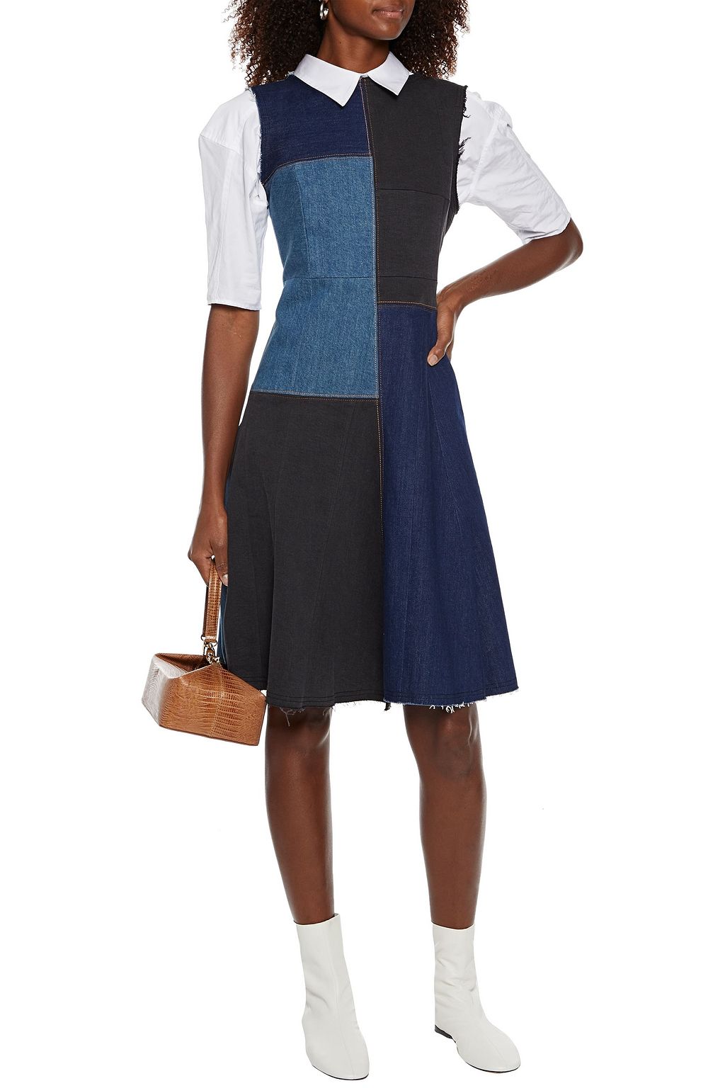 ACNE STUDIOS Kleid aus Denim in Patchwork-Optik mit Fransen