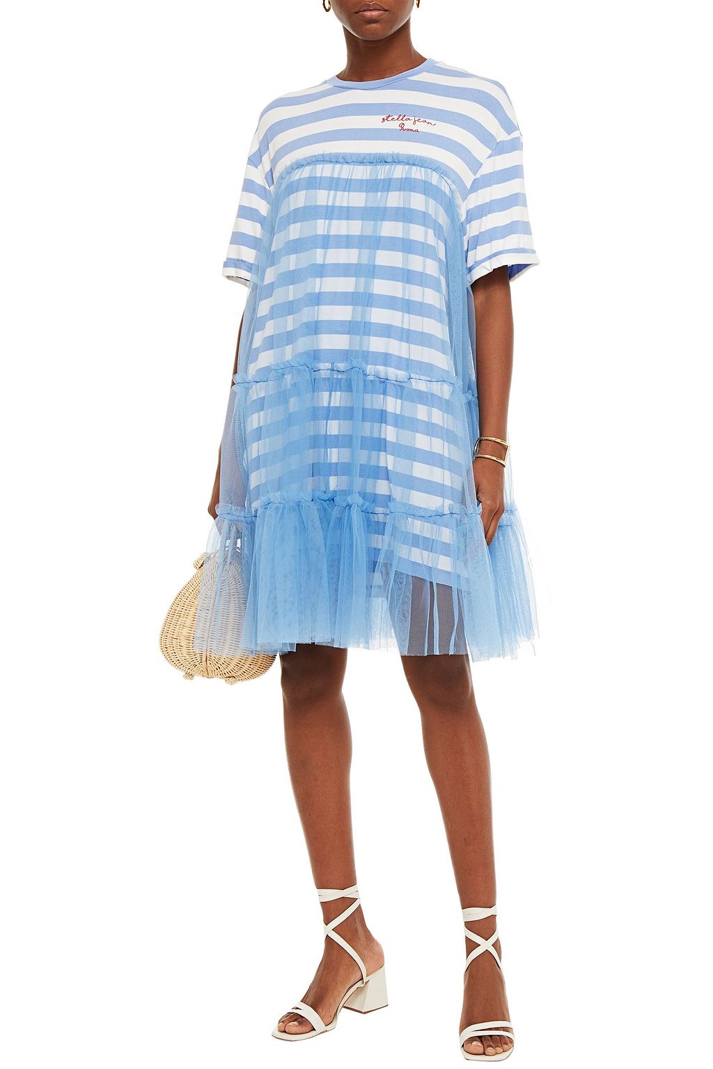 STELLA JEAN Layered printed cotton-jersey and tiered tulle mini dress
