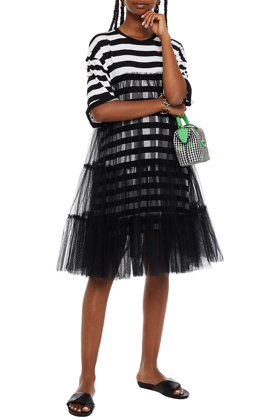 Stella Jean Layered Printed Cotton-jersey And Tiered Tulle Mini Dress In Black