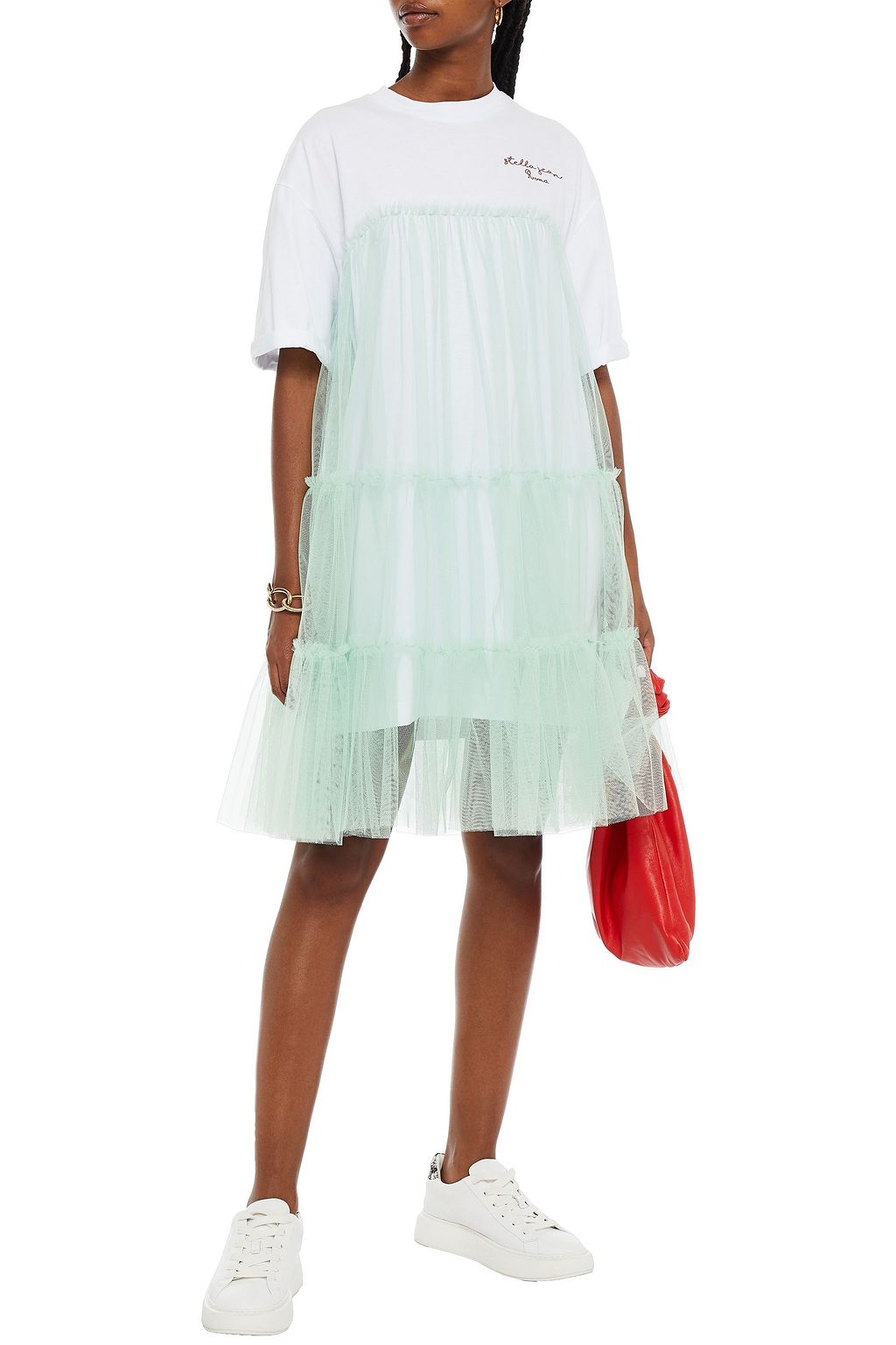 STELLA JEAN Layered printed cotton-jersey and tiered tulle mini dress