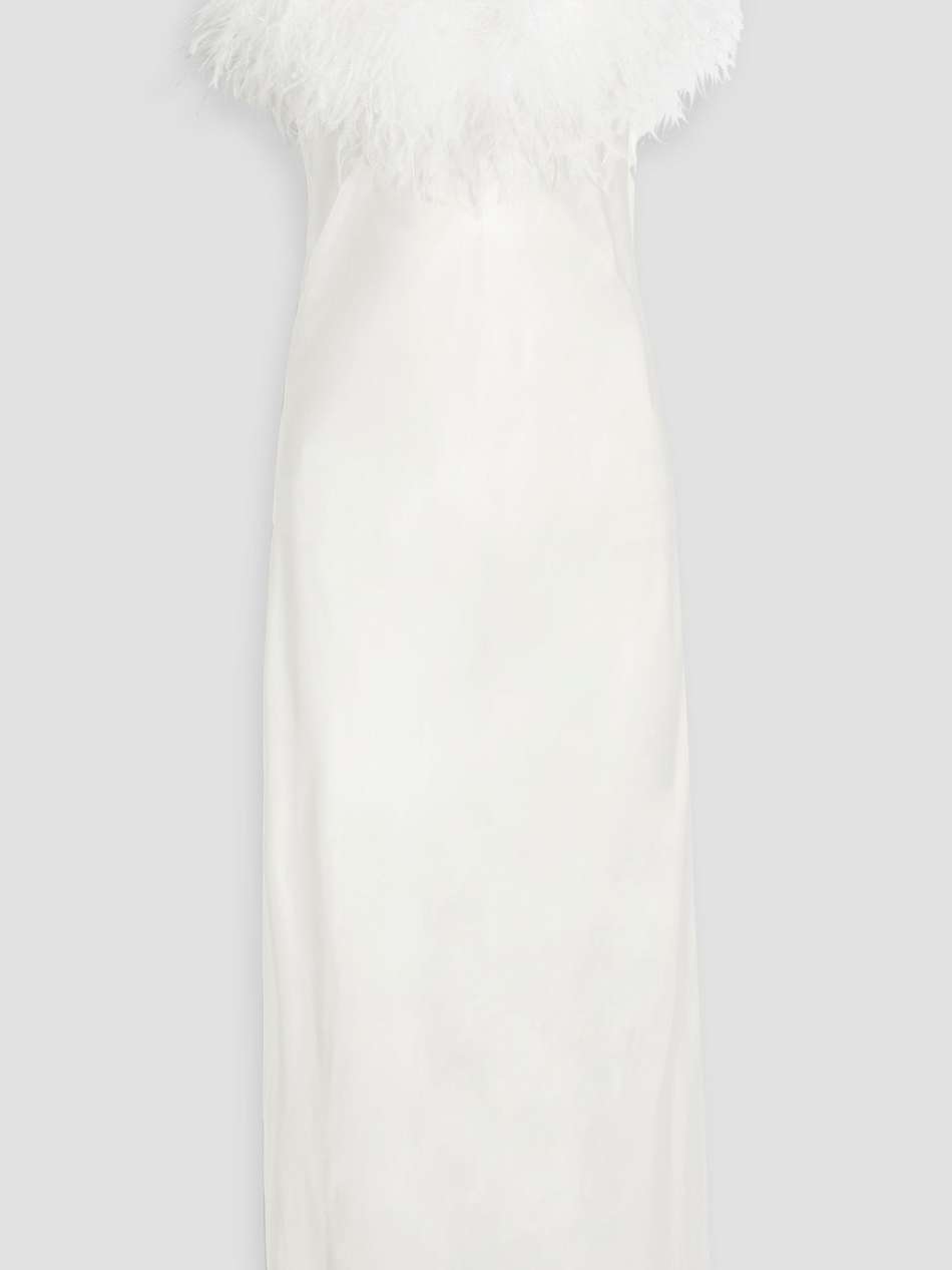 boheme feather-trimmed satin midi slip dress