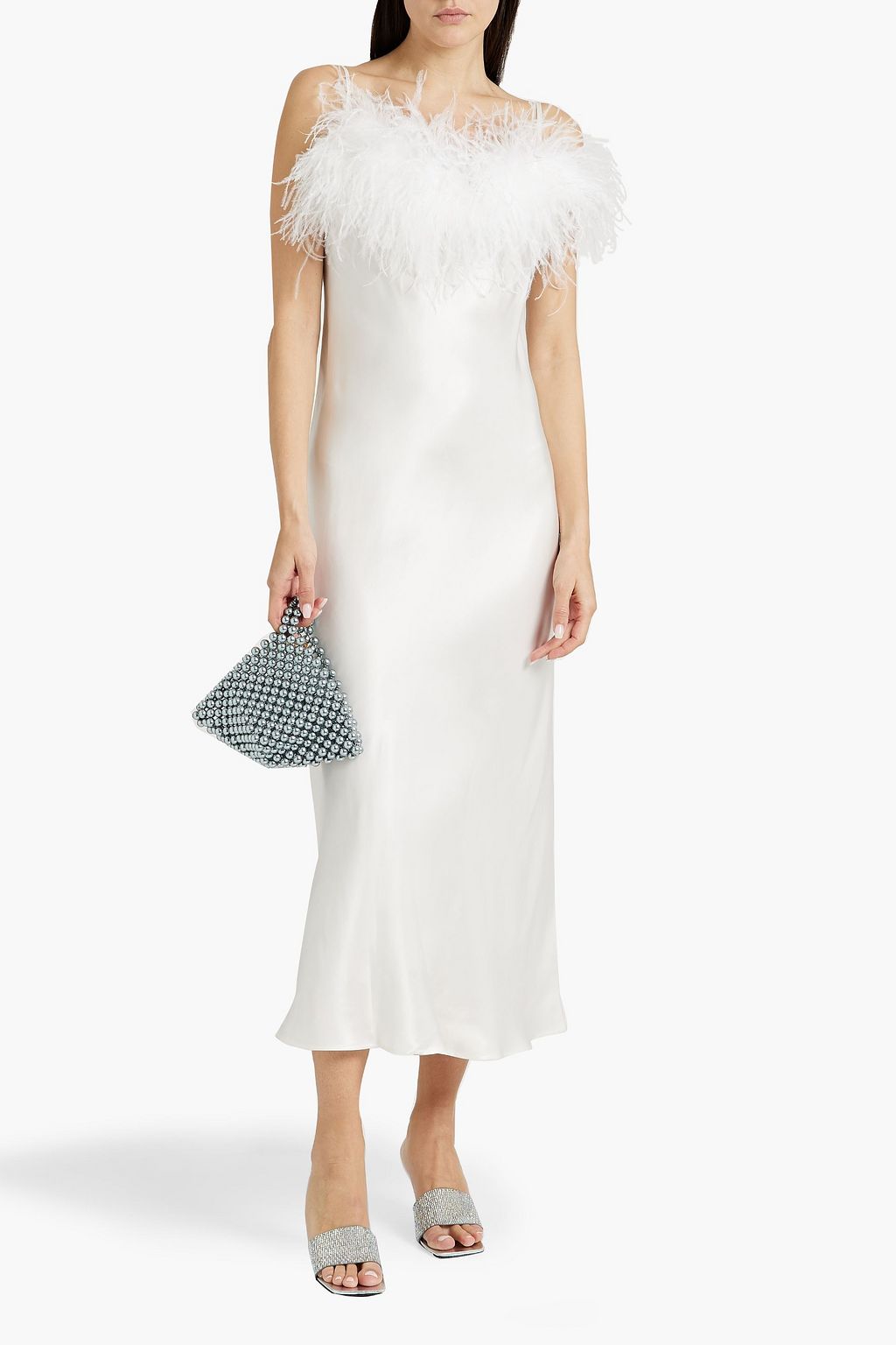 SLEEPER Boheme feather-trimmed satin midi slip dress