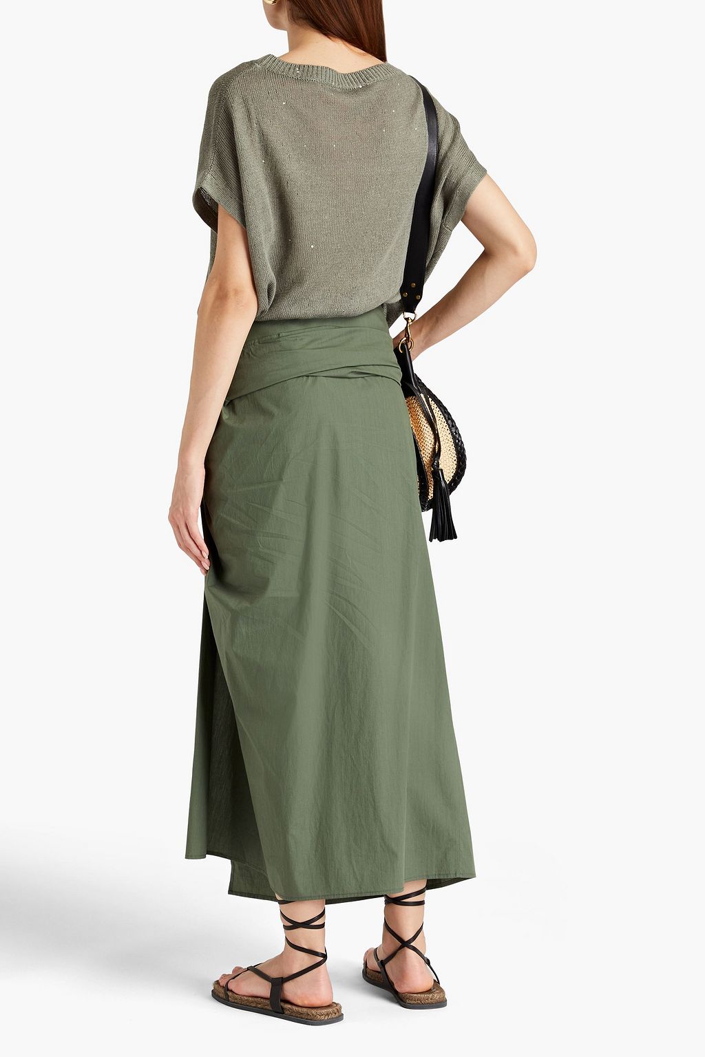 BRUNELLO CUCINELLI Belted draped cotton-poplin midi skirt