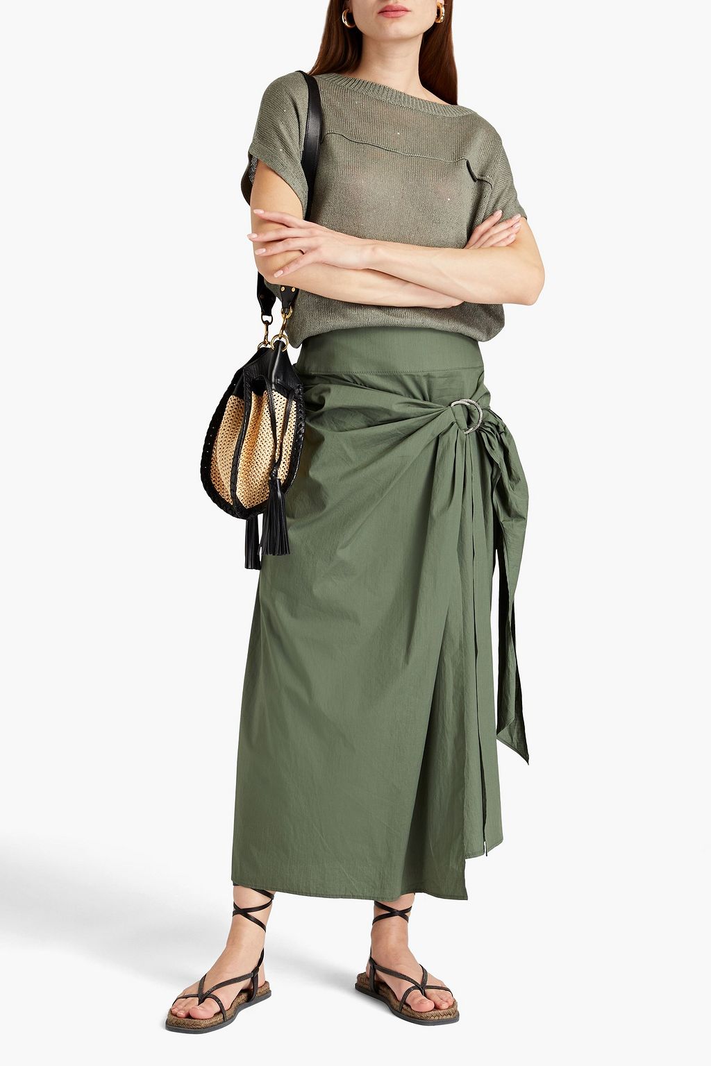 BRUNELLO CUCINELLI Belted draped cotton-poplin midi skirt