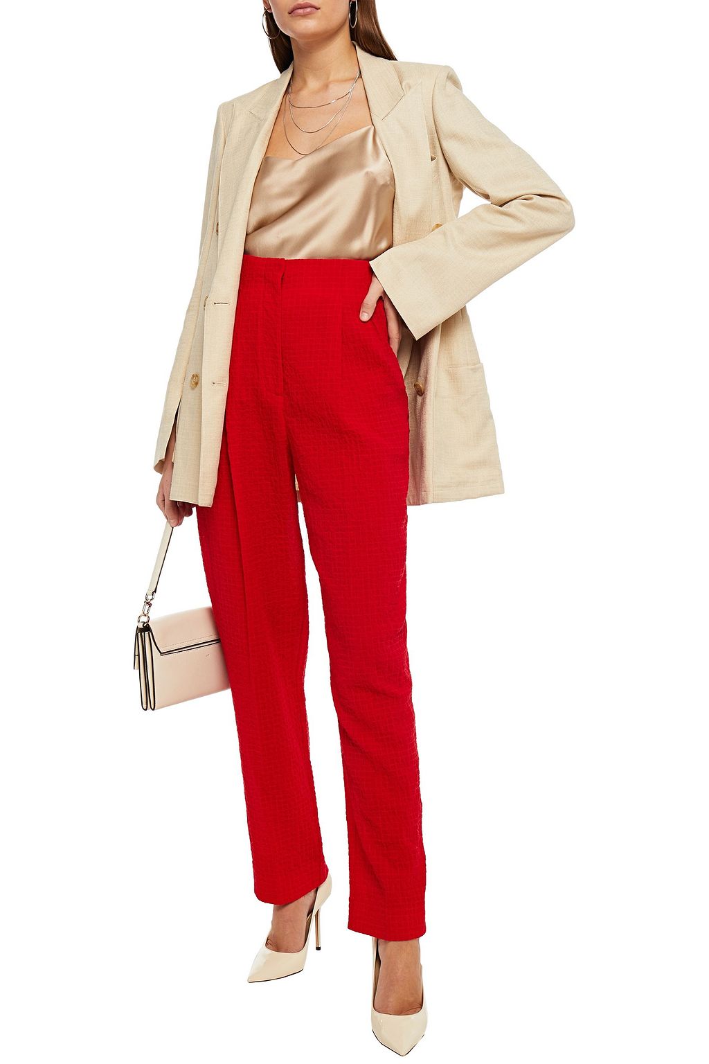 EMILIA WICKSTEAD Pleated checked cotton-blend cloqué tapered pants
