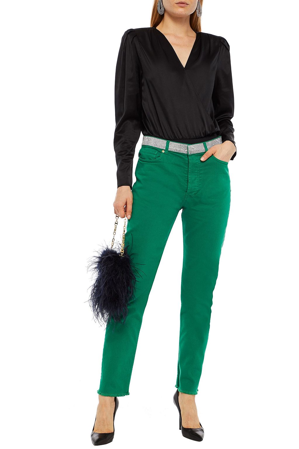 ALEXANDRE VAUTHIER Crystal-embellished frayed high-rise straight-leg jeans