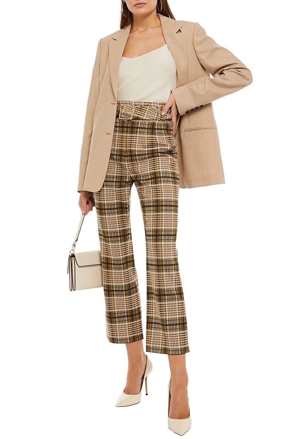 SIMKHAI Cropped belted checked twill straight-leg pants