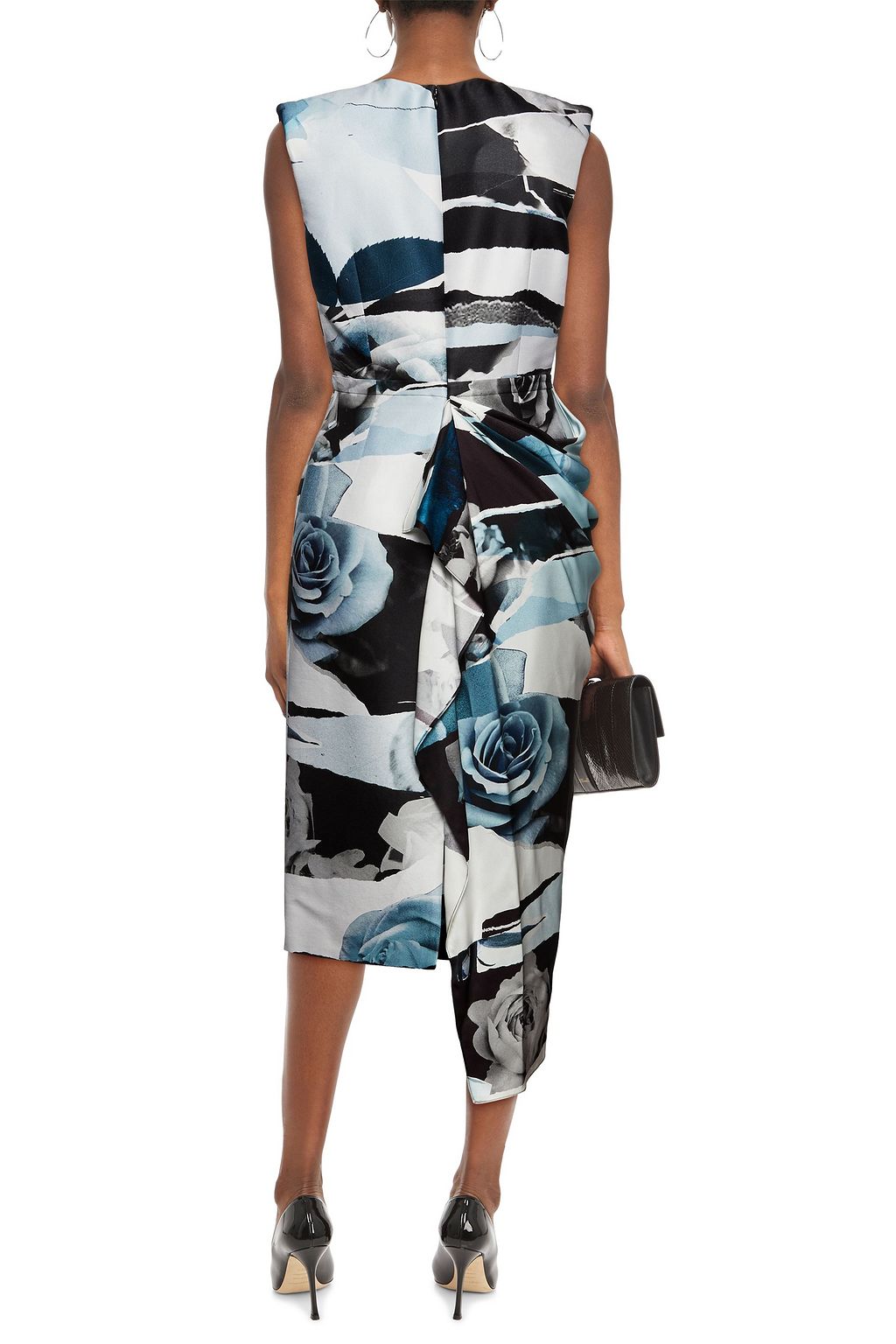 MCQUEEN Paneled draped printed twill and silk-satin midi dress