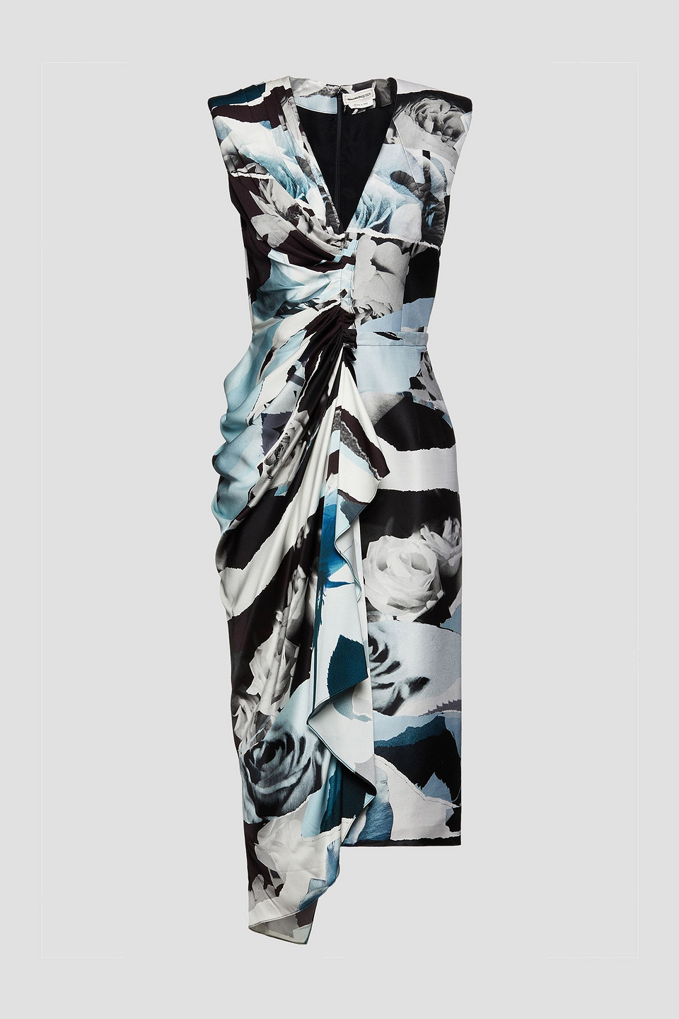 mcqueen - paneled draped printed twill and silk-satin midi dress - white - it 40
