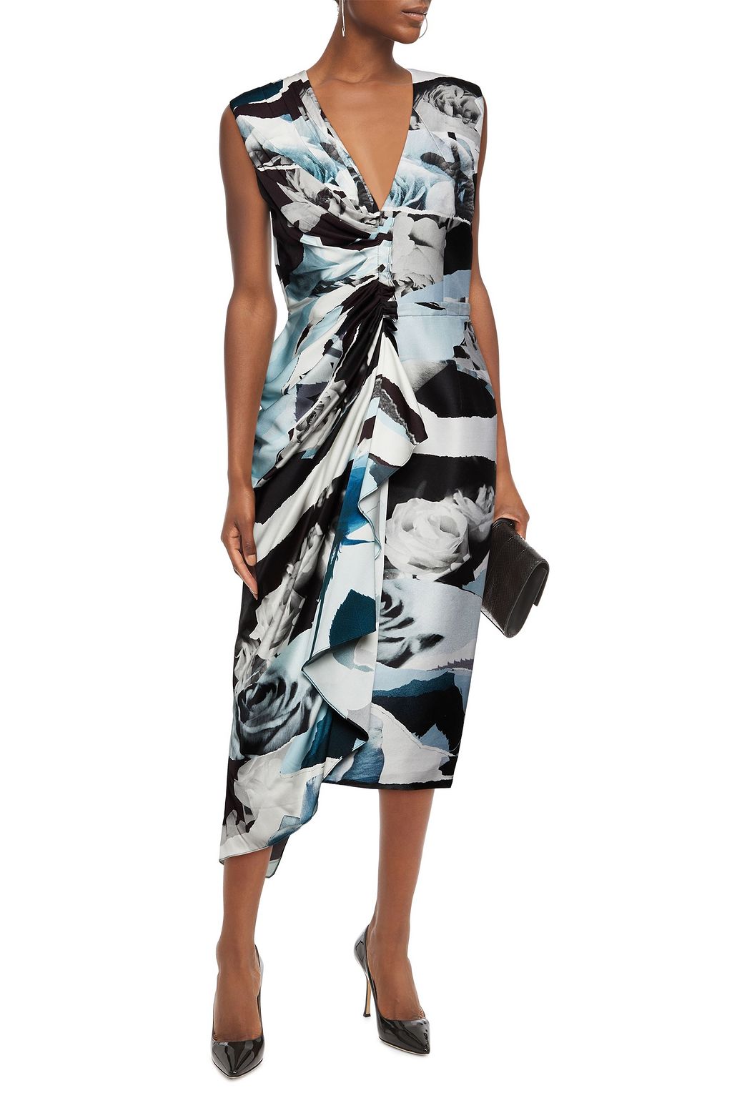 MCQUEEN Paneled draped printed twill and silk-satin midi dress