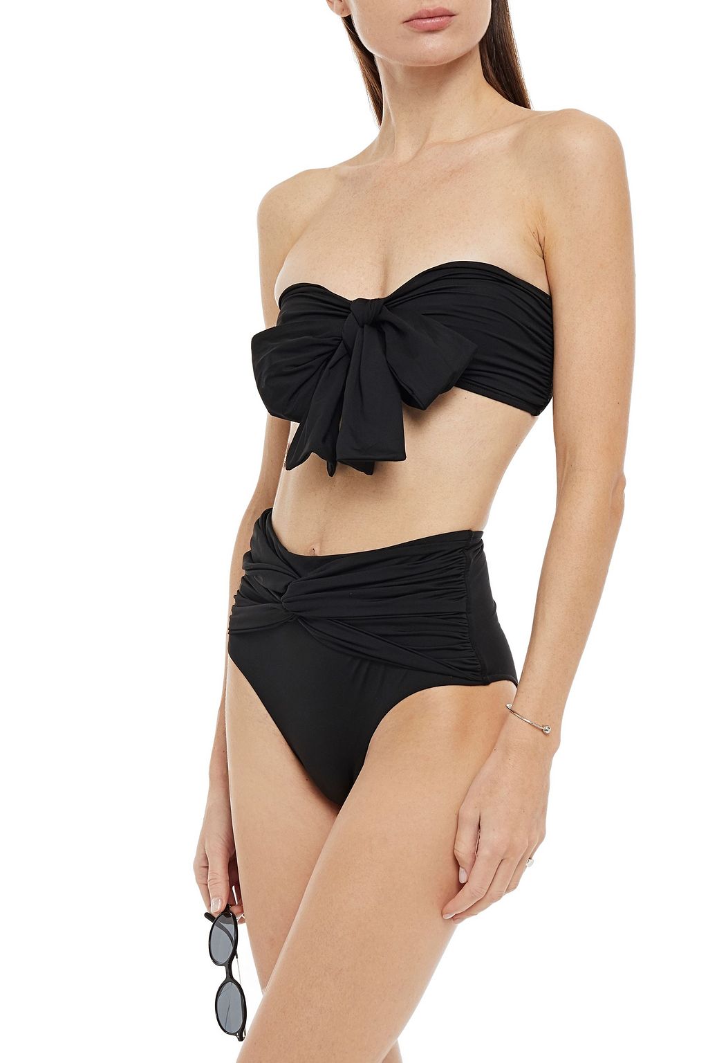 BONDI BORN Bow-detailed ruched bandeau bikini top