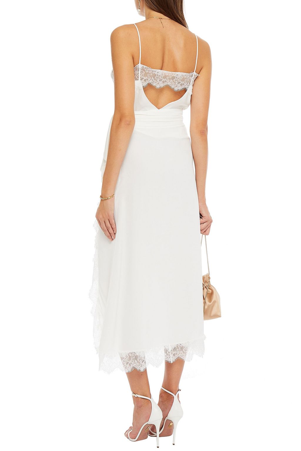VANESSA COCCHIARO Lace-trimmed draped satin-crepe midi wrap skirt