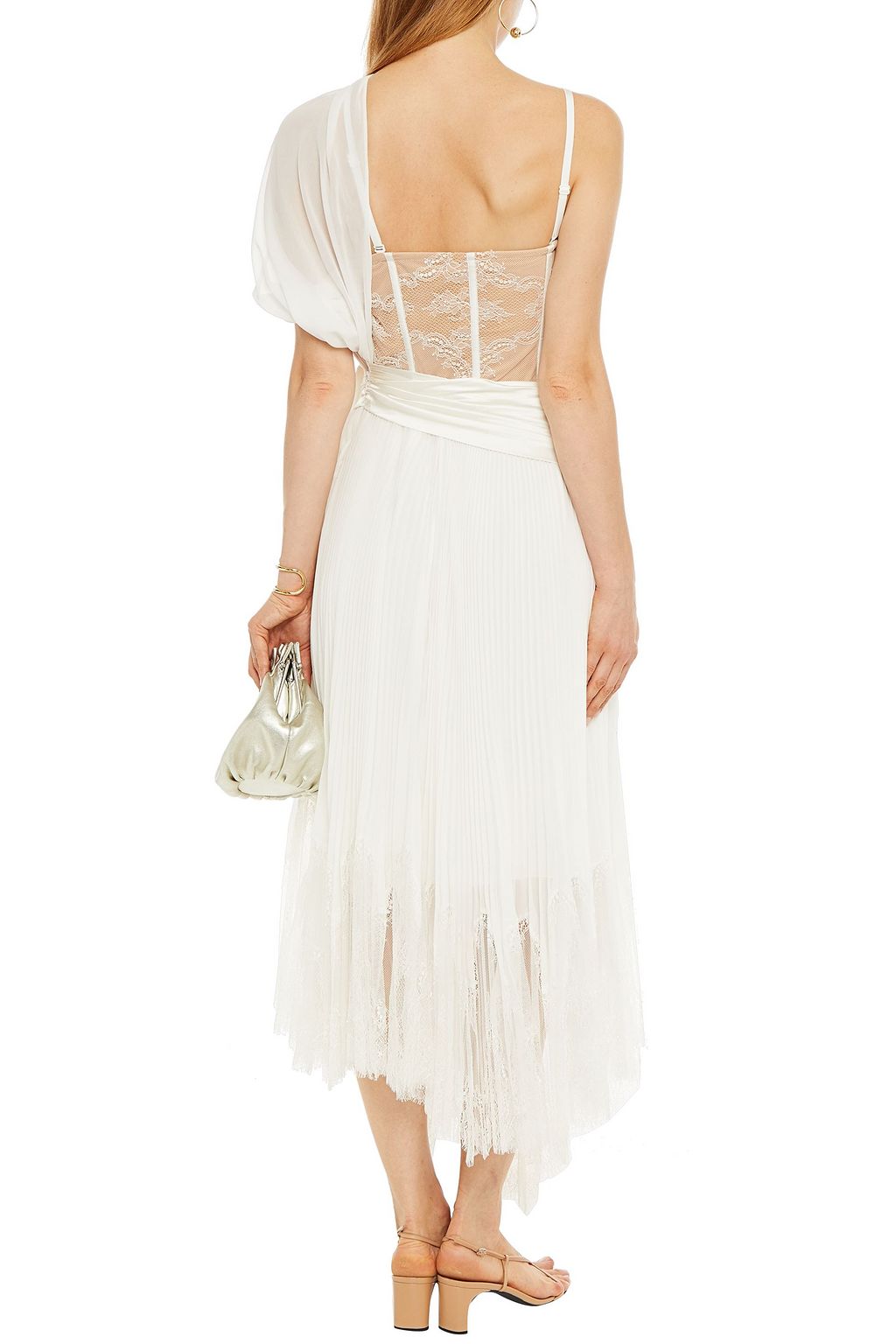 SIMKHAI One-shoulder pleated georgette, lace and satin midi dress