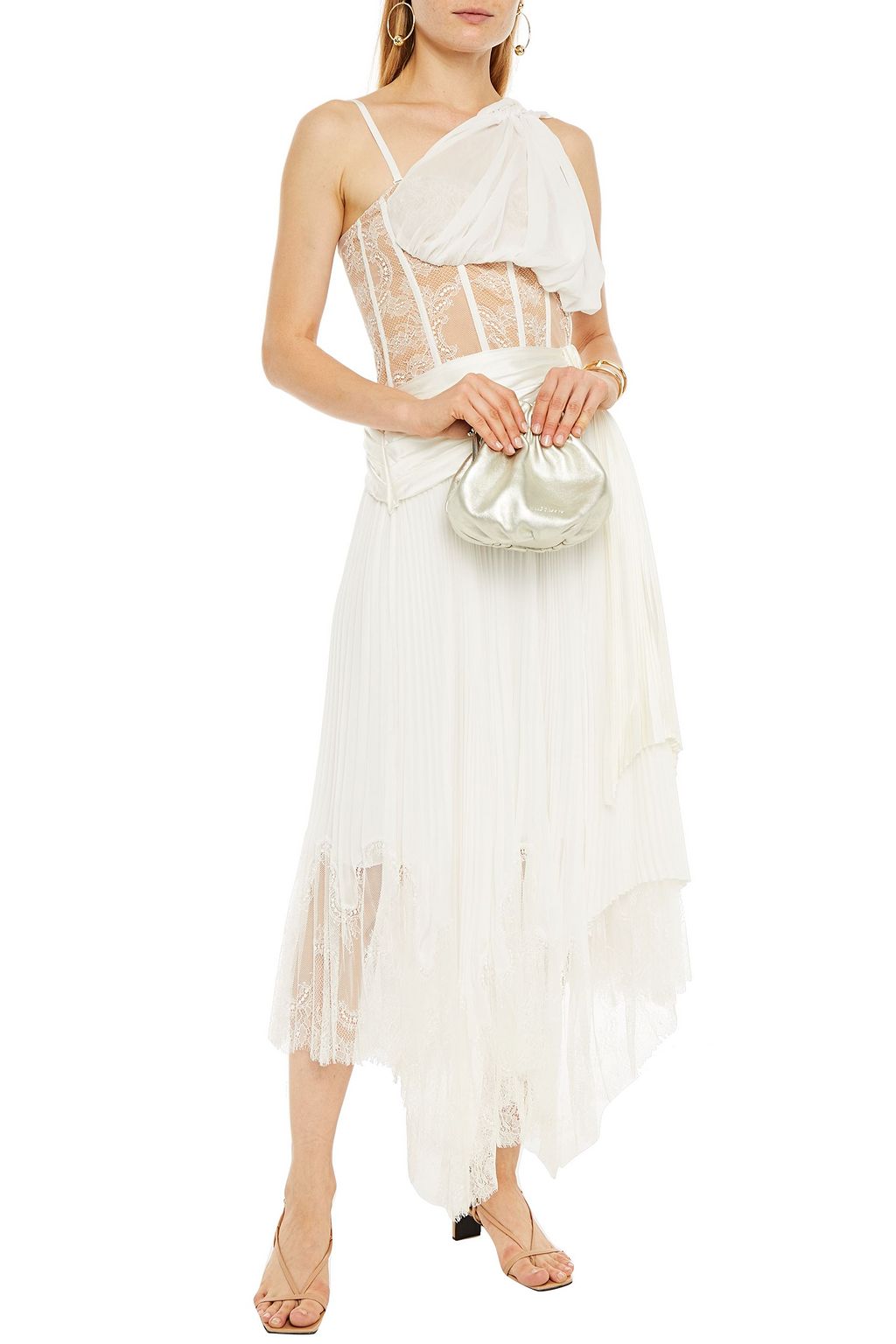 SIMKHAI One-shoulder pleated georgette, lace and satin midi dress
