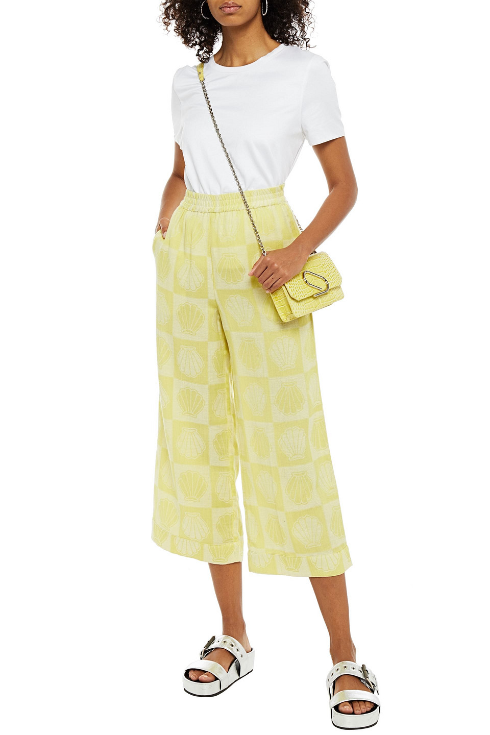 Cecilie Copenhagen Cropped Cotton-jacquard Wide-leg Trousers In Yellow