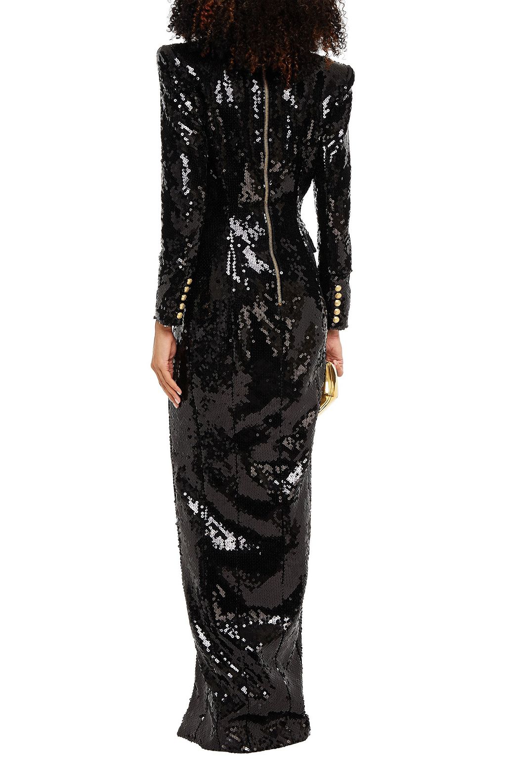 BALMAIN Button-embellished sequined tulle gown