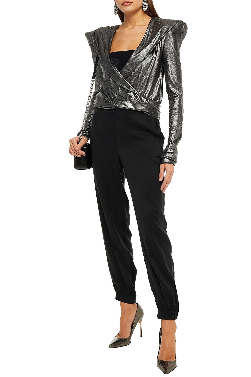 BALMAIN Oberteil aus Stretch-Crêpe in Metallic-Optik mit Wickeleffekt