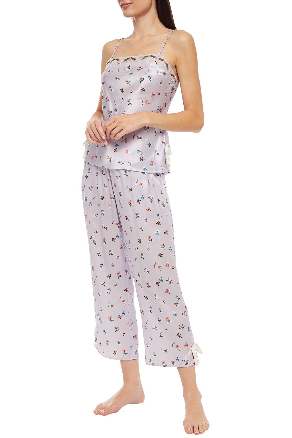 MORGAN LANE Petal cropped embellished floral-print satin pajama pants