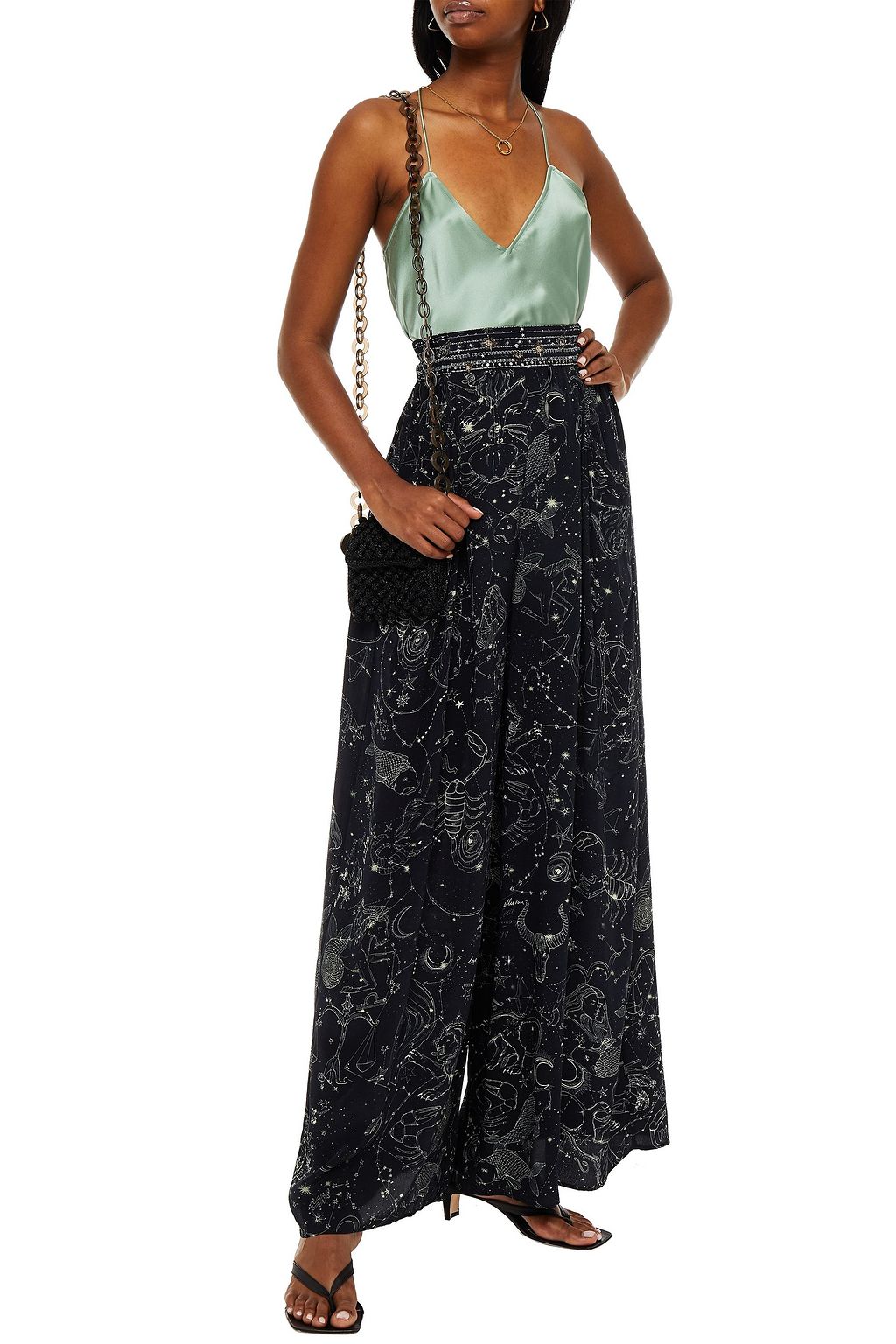 CAMILLA Embellished printed silk crepe de chine wide-leg pants