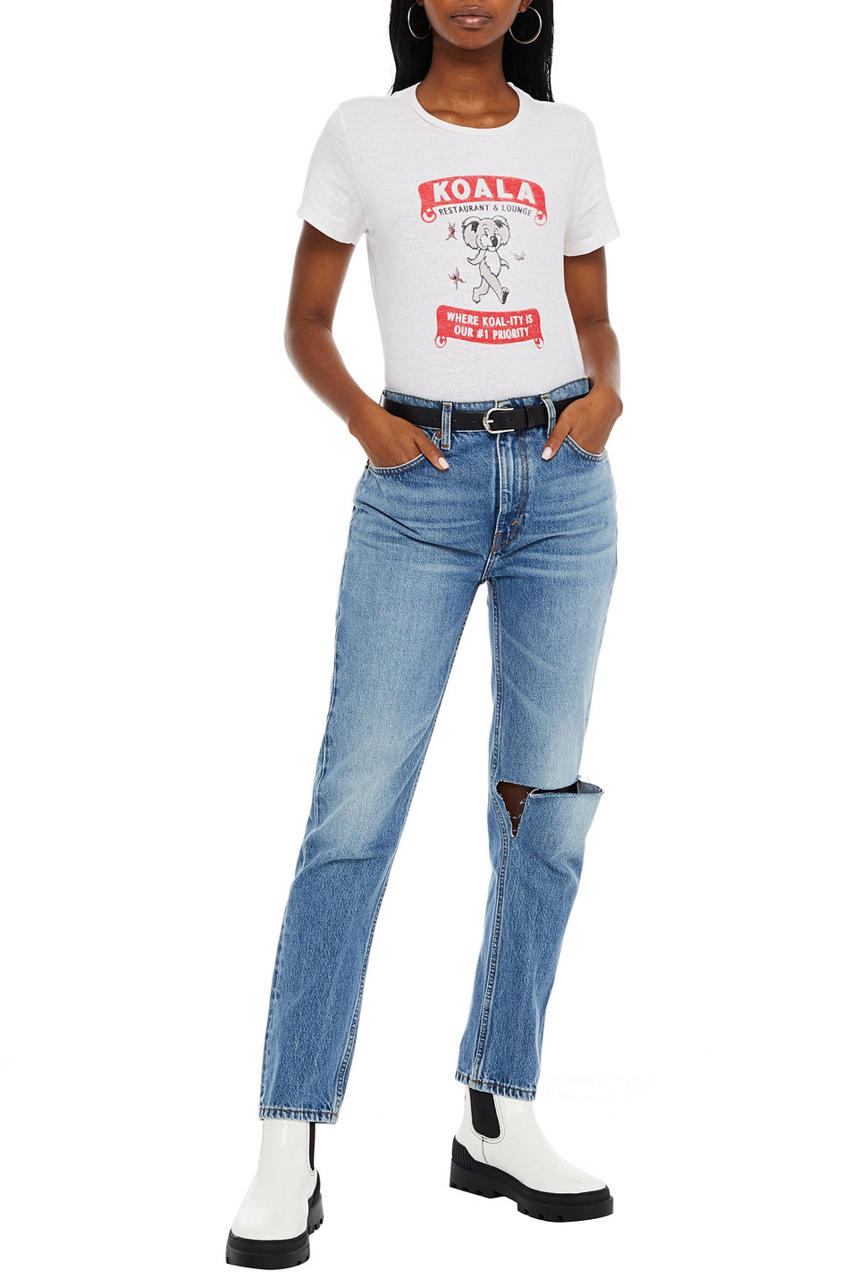 Re/done Distressed Mid-rise Straight-leg Jeans In Mid Denim