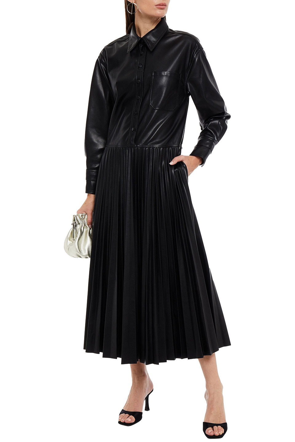 Jonathan Simkhai Pleated Faux Leather Midi Shirt Dress In Black