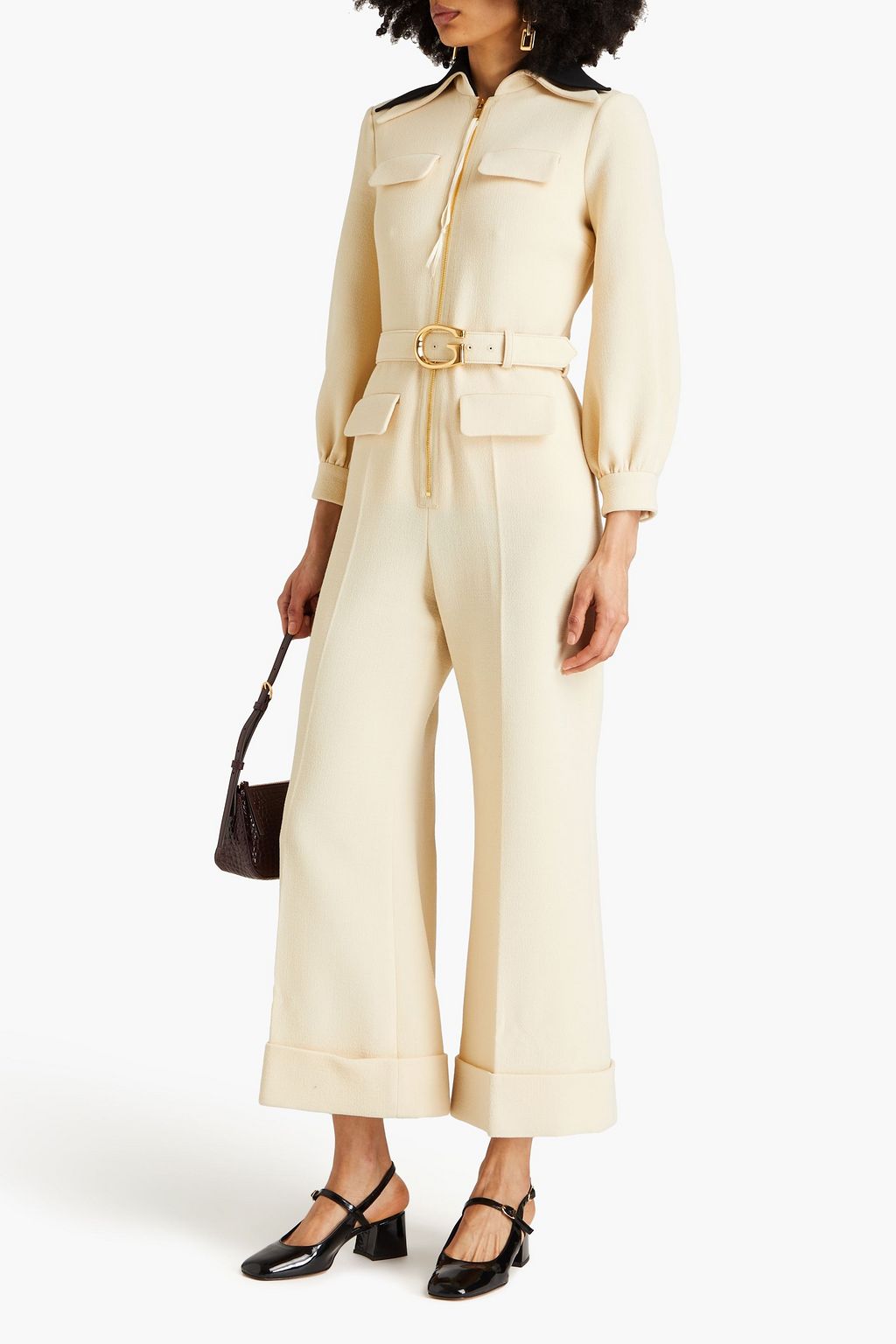 GUCCI Cropped belted wool-crepe wide-leg jumpsuit