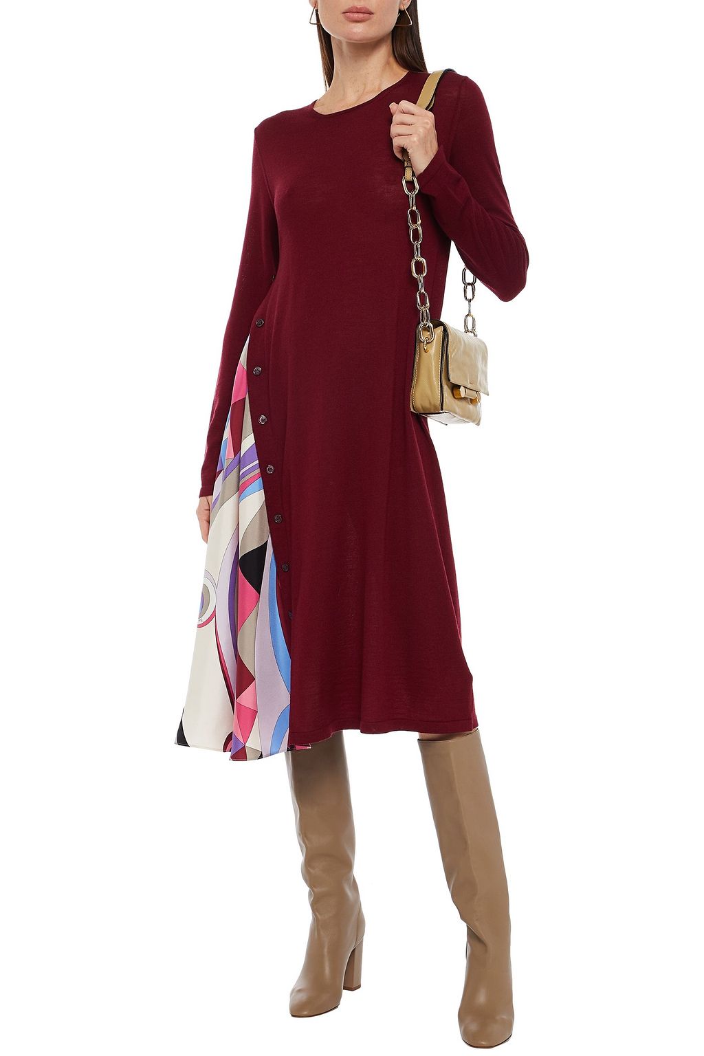 PUCCI Printed silk twill-paneled wool midi dress