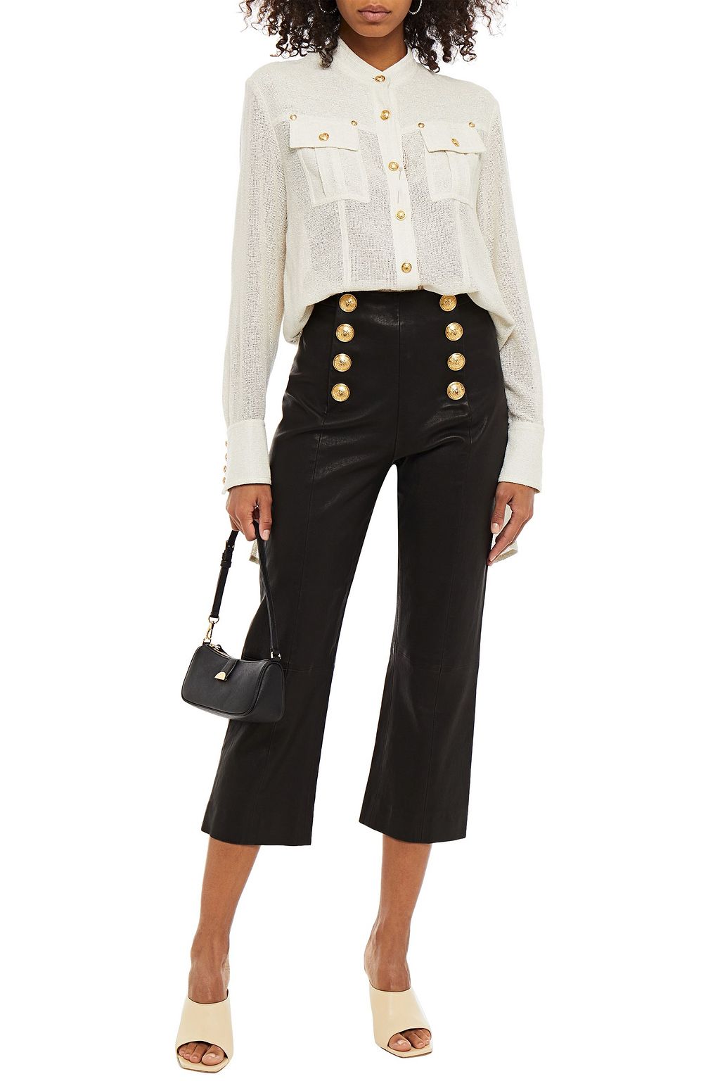 BALMAIN Cropped Lederhose mit geradem Bein und Druckknöpfen