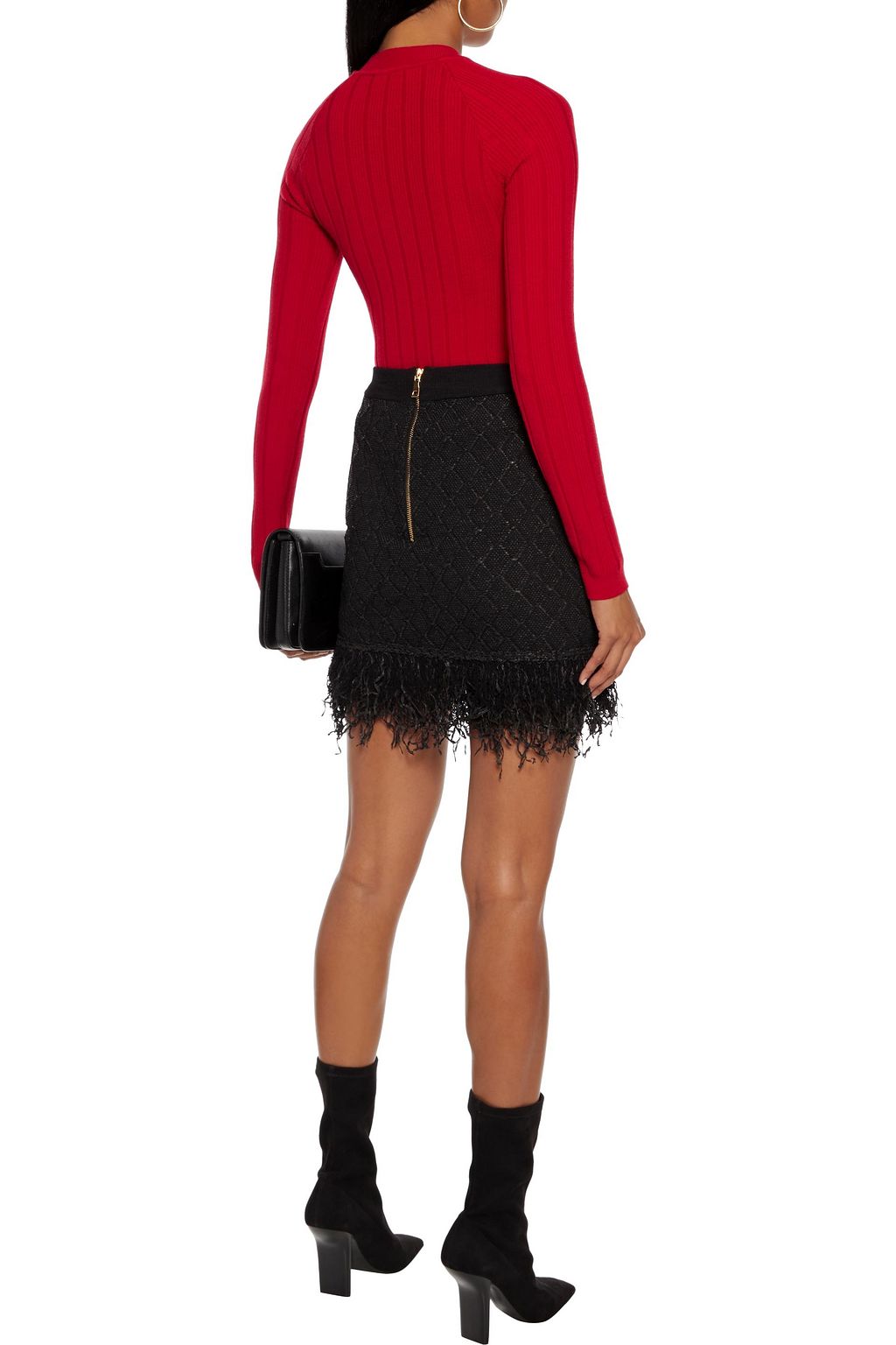 BALMAIN Fringed boucle-knit mini skirt