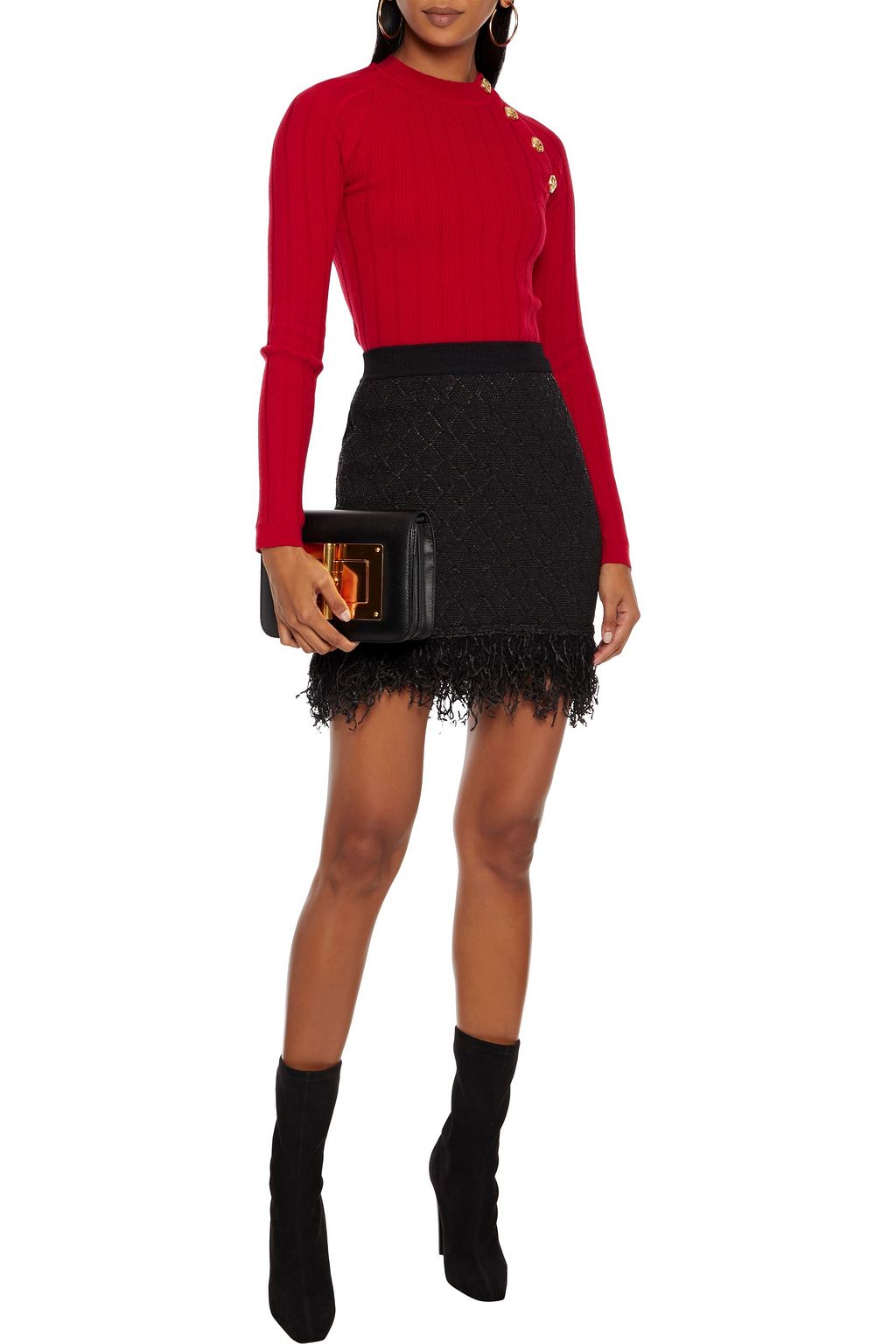 BALMAIN Fringed boucle-knit mini skirt