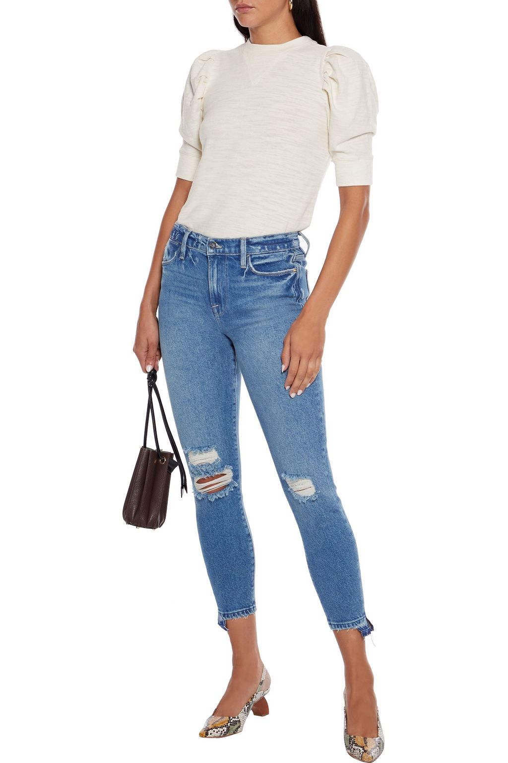 FRAME Le High Skinny cropped distressed high-rise skinny jeans