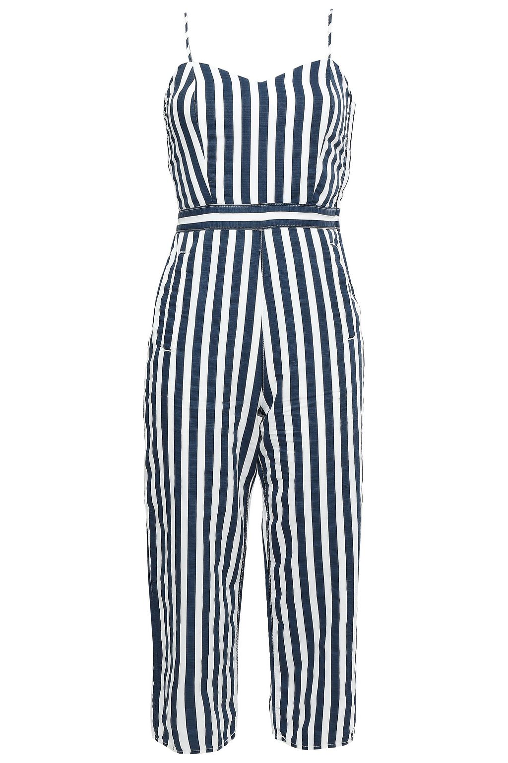 striped denim jumpsuit