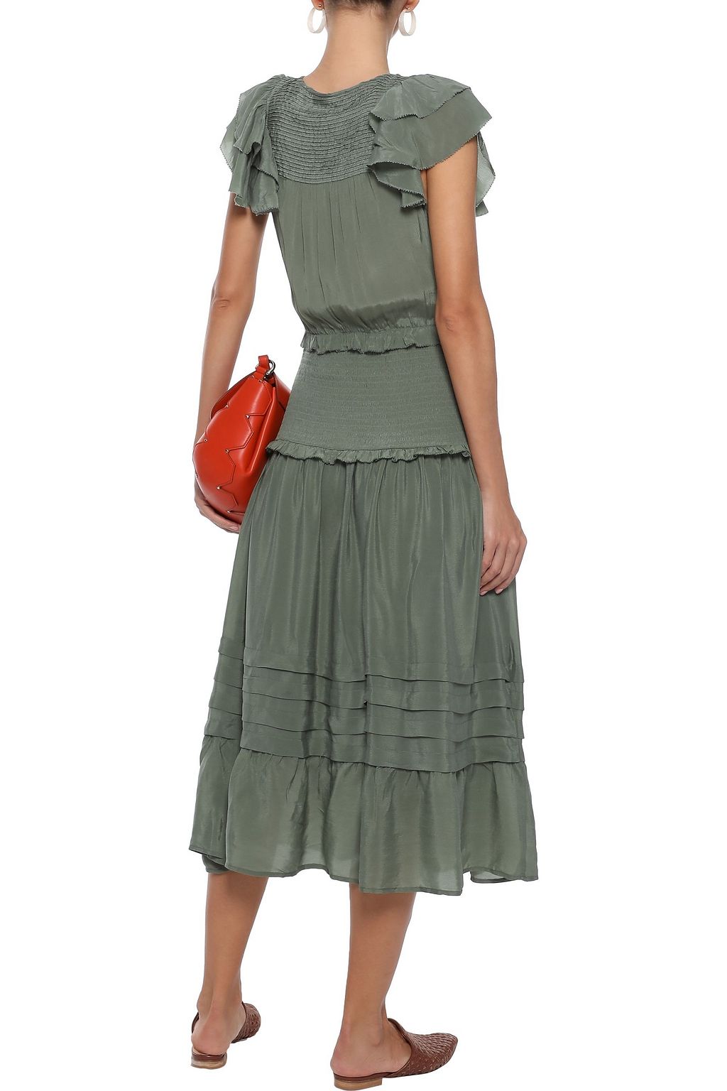 SEA Cecile ruffled shirred sateen midi dress
