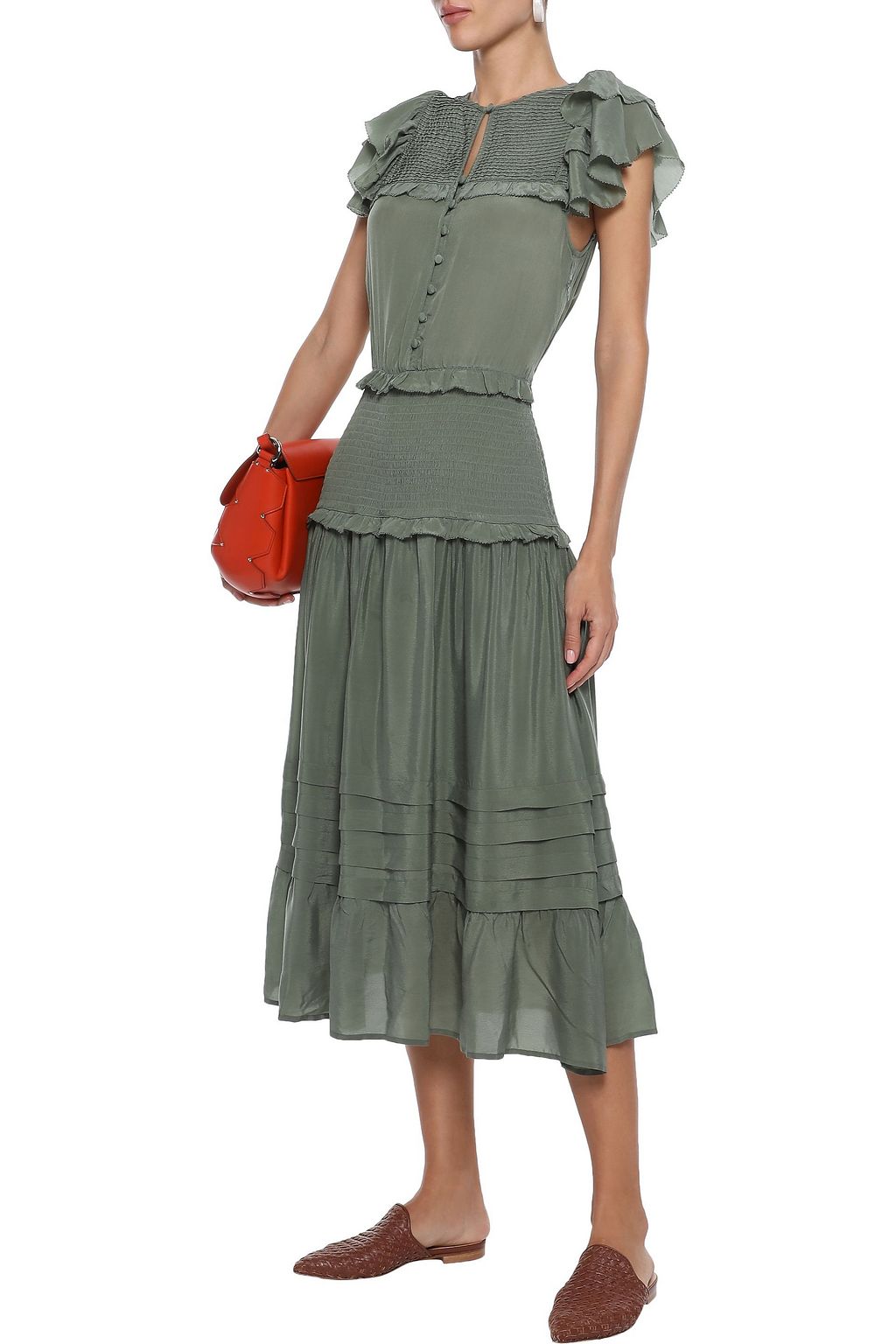 SEA Cecile ruffled shirred sateen midi dress