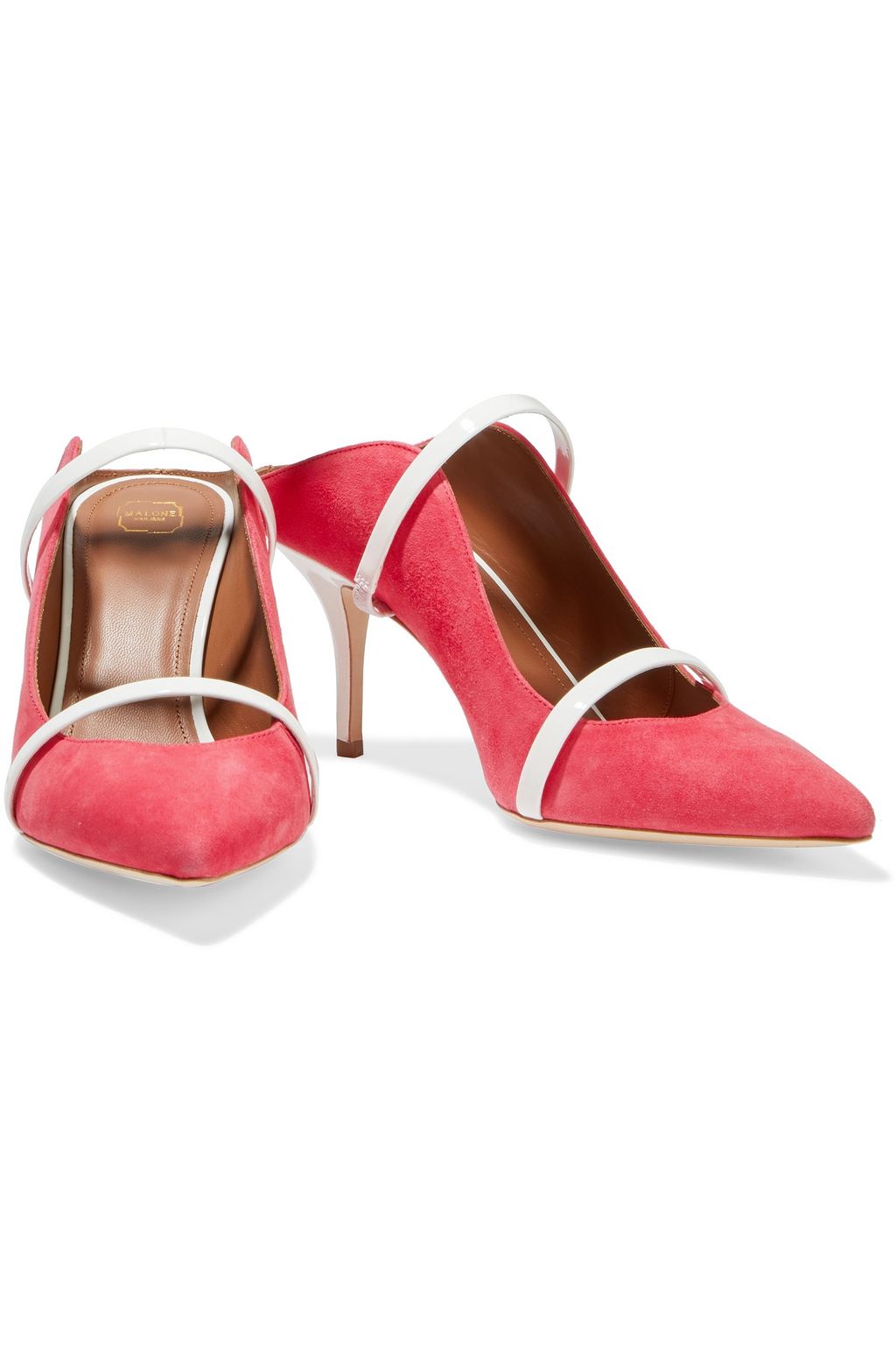 MALONE SOULIERS Maureen 70 patent leather-trimmed suede mules