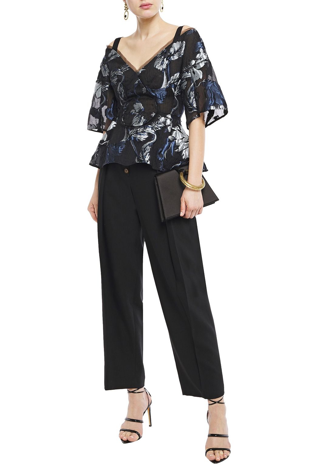 ERDEM Karla cold-shoulder metallic jacquard peplum top