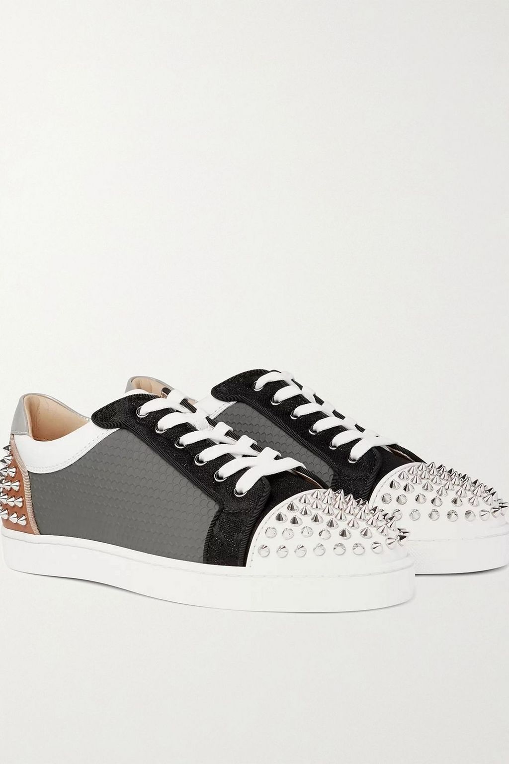 CHRISTIAN LOUBOUTIN Sevaste spiked leather, canvas and mesh sneakers