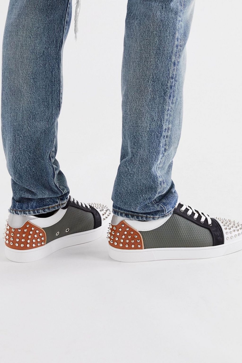 CHRISTIAN LOUBOUTIN Sevaste spiked leather, canvas and mesh sneakers
