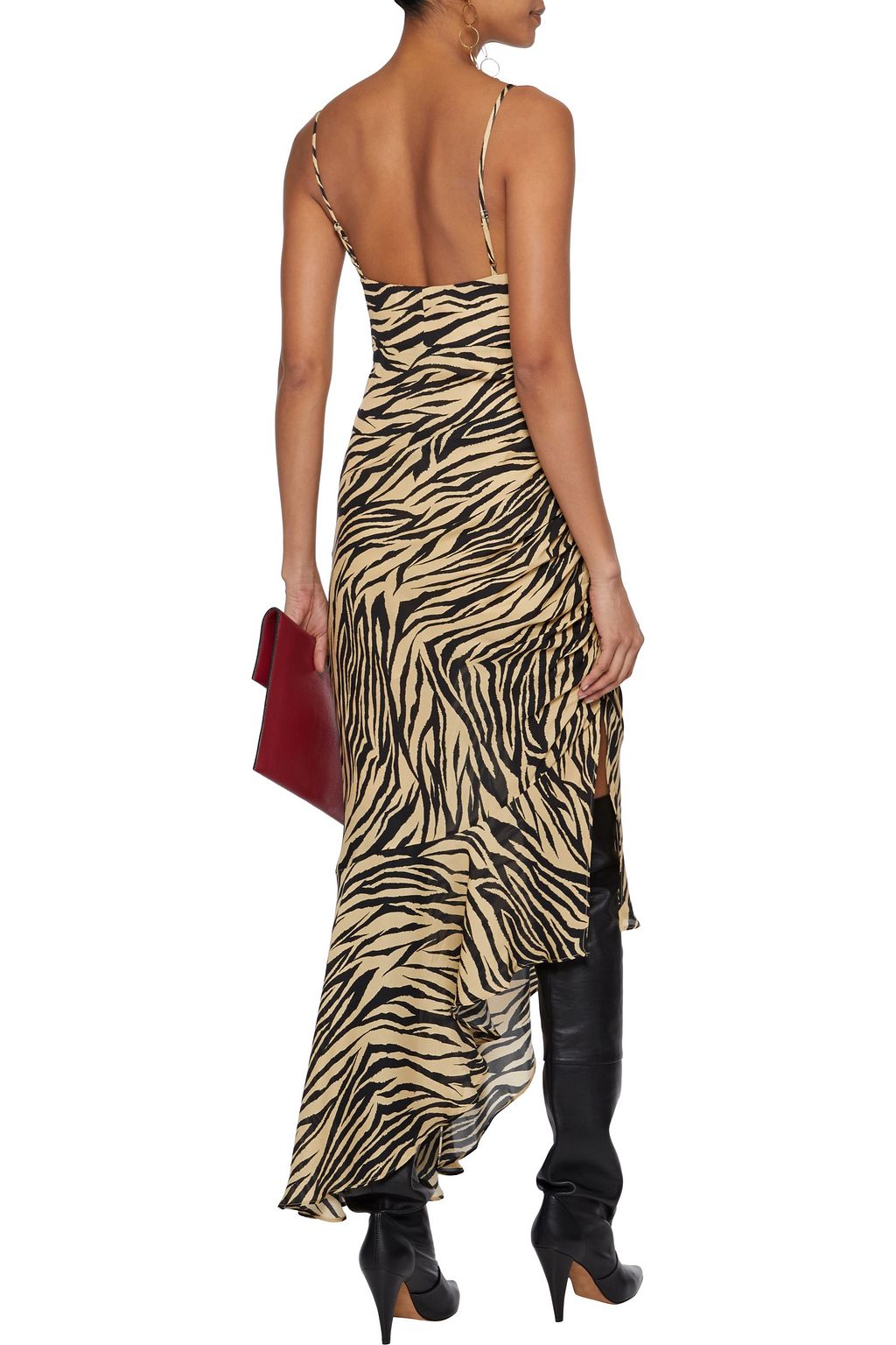 NICHOLAS Asymmetric ruched printed silk-chiffon midi slip dress