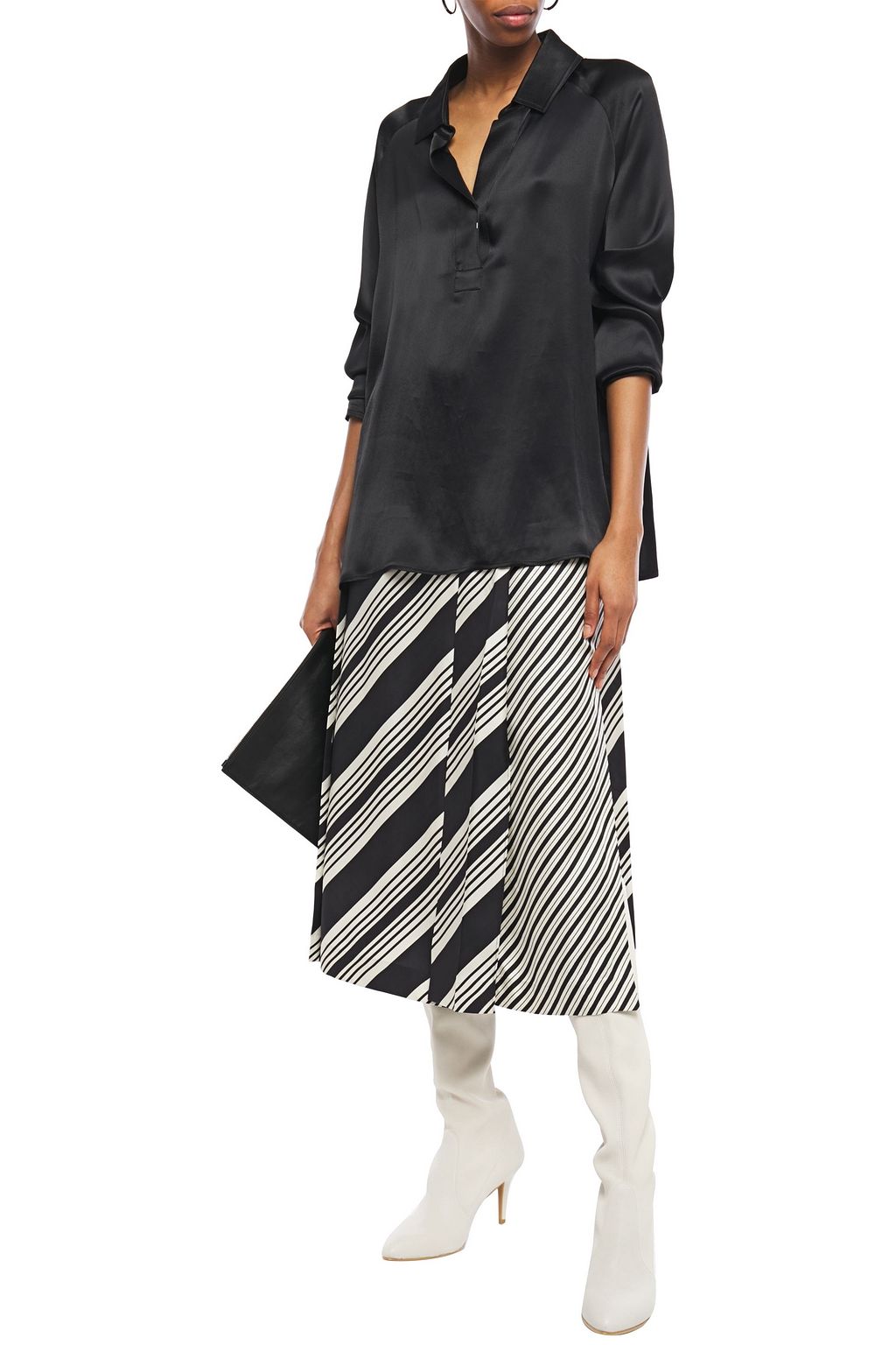 JOSEPH Carey paneled pleated striped silk-twill midi skirt