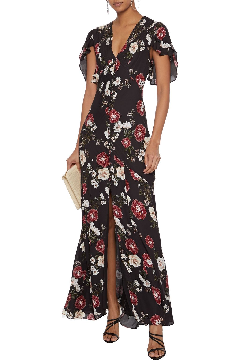 NICHOLAS Fluted pintucked floral-print silk-chiffon maxi dress