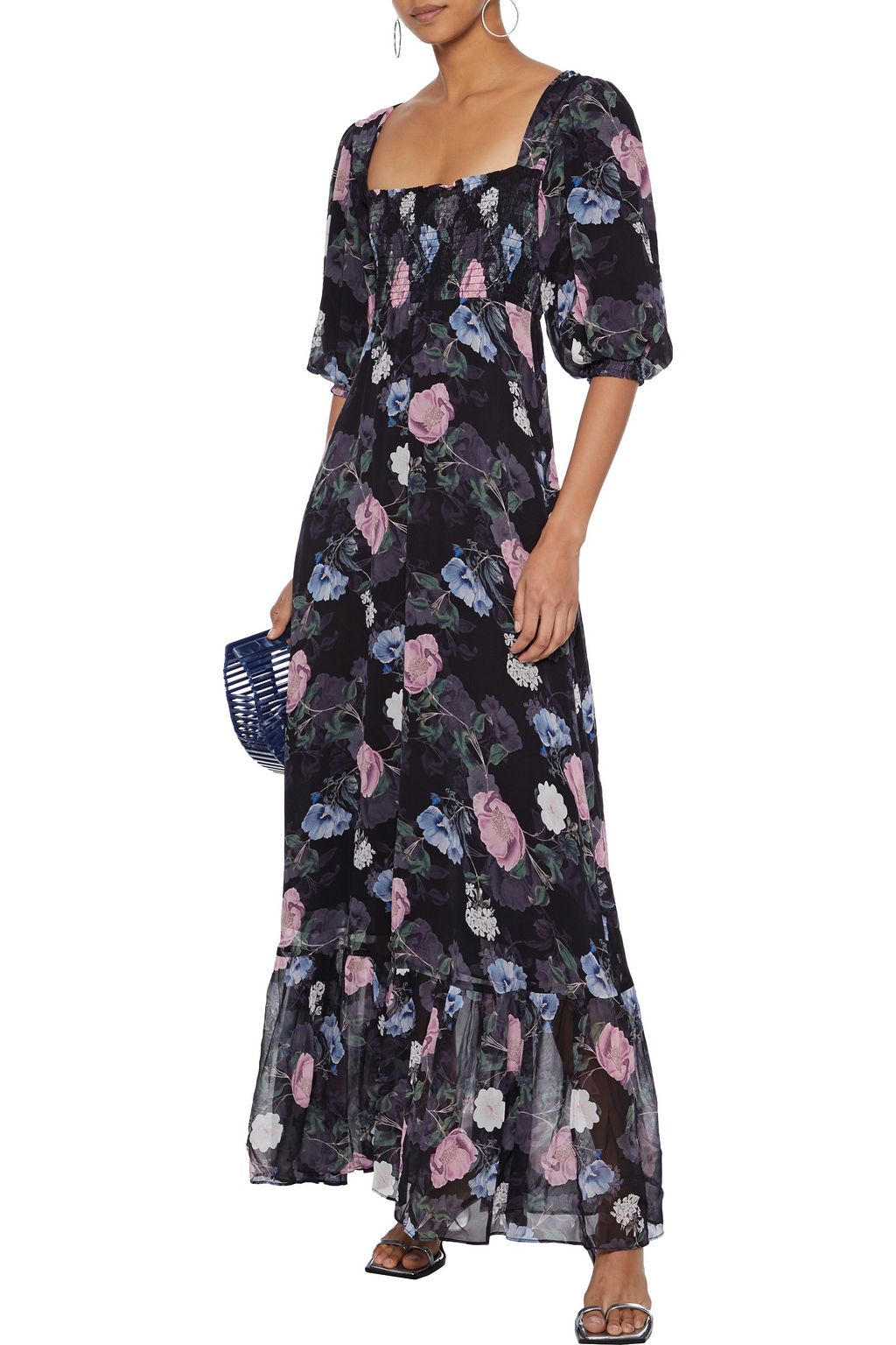 NICHOLAS Shirred floral-print silk-georgette maxi dress