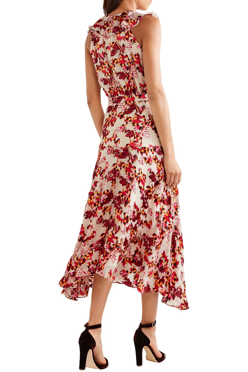 SALONI Rita ruffled printed devoré satin and chiffon midi dress